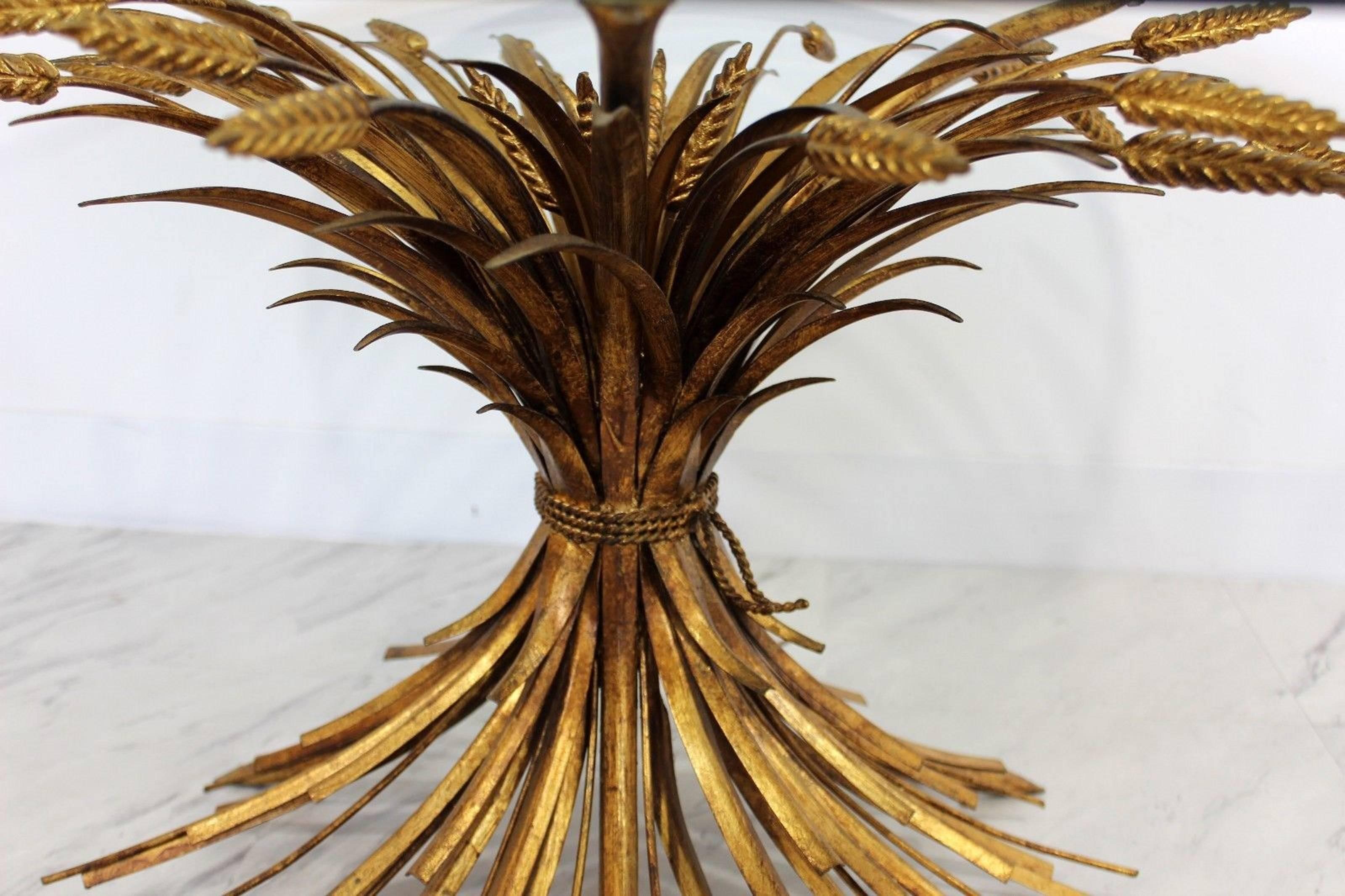 Mid-Century Modern Italian Gold Gilt Regency Wheat Sheaf Glass Coffee Table In Good Condition In Keego Harbor, MI