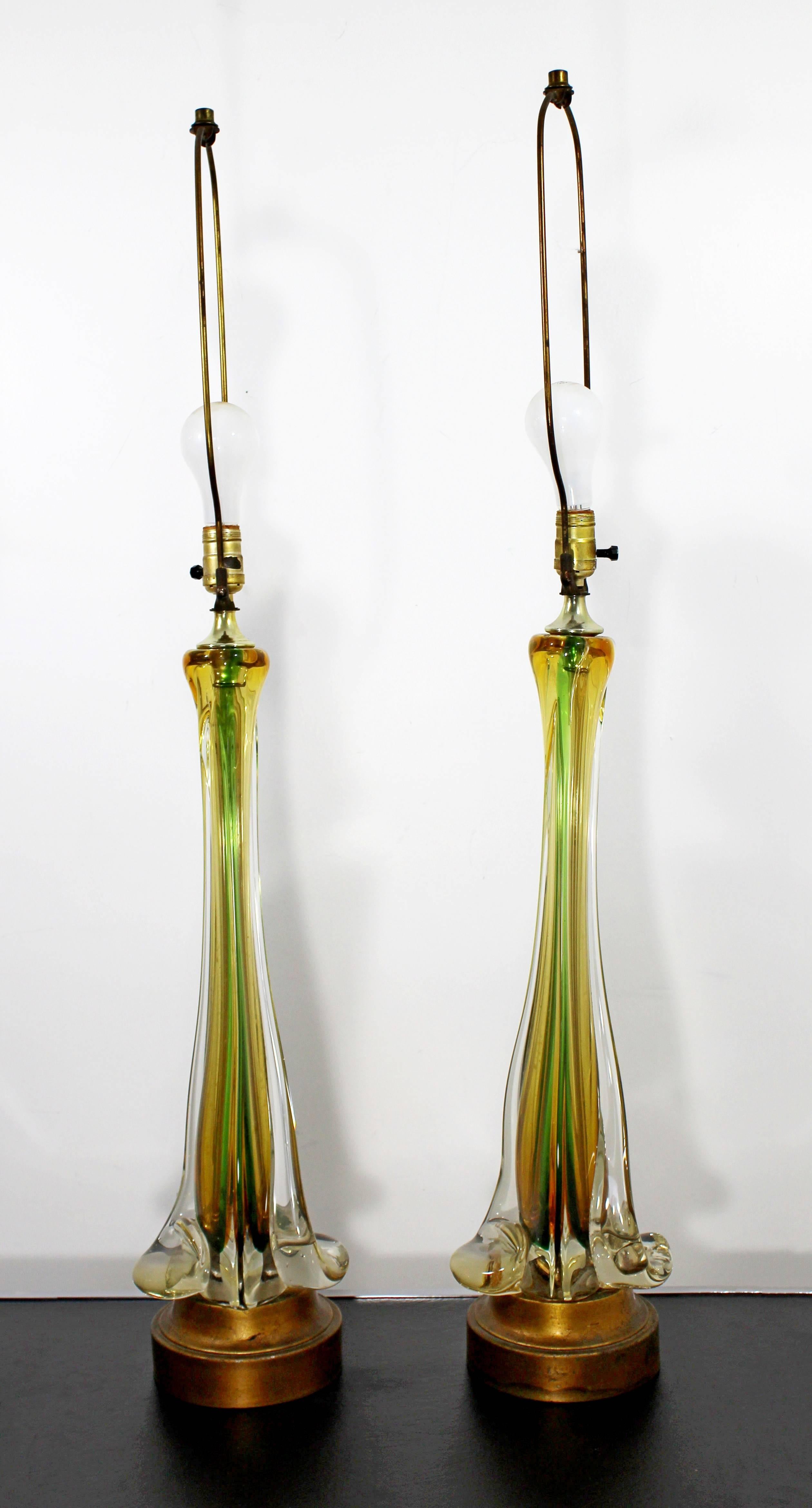 American Mid-Century Modern Murano Seguso Glass Pair of Yellow and Green Table Lamps