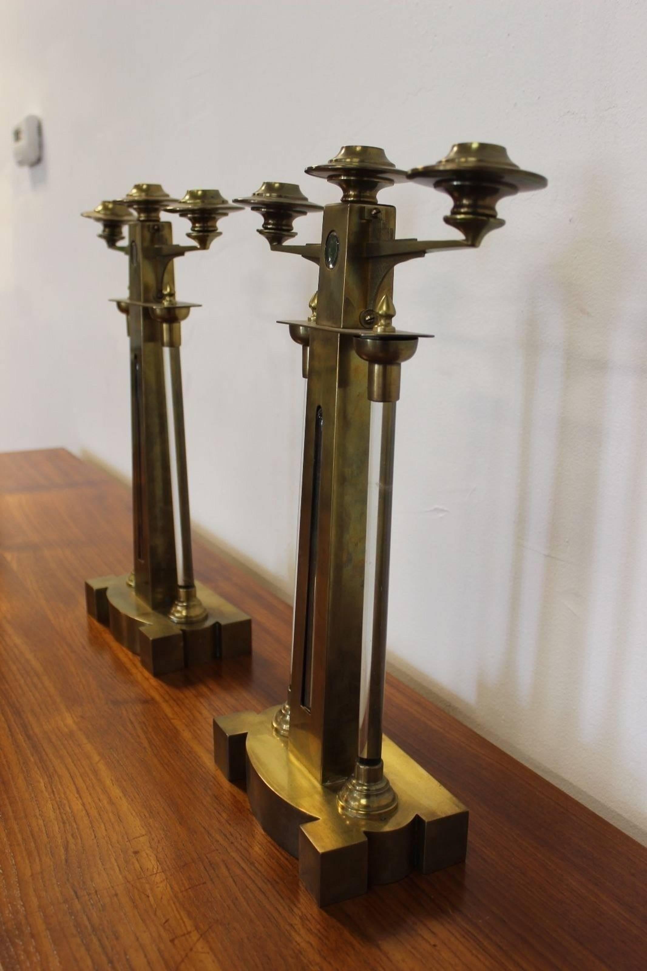 For your consideration are two fabulous candleholders from the 1920s. These fine vintage Austrian candleholders are made of brass and Lucite and were made at the pinnacle of the Vienna Secession design movement. A perfect addition to any Arts &
