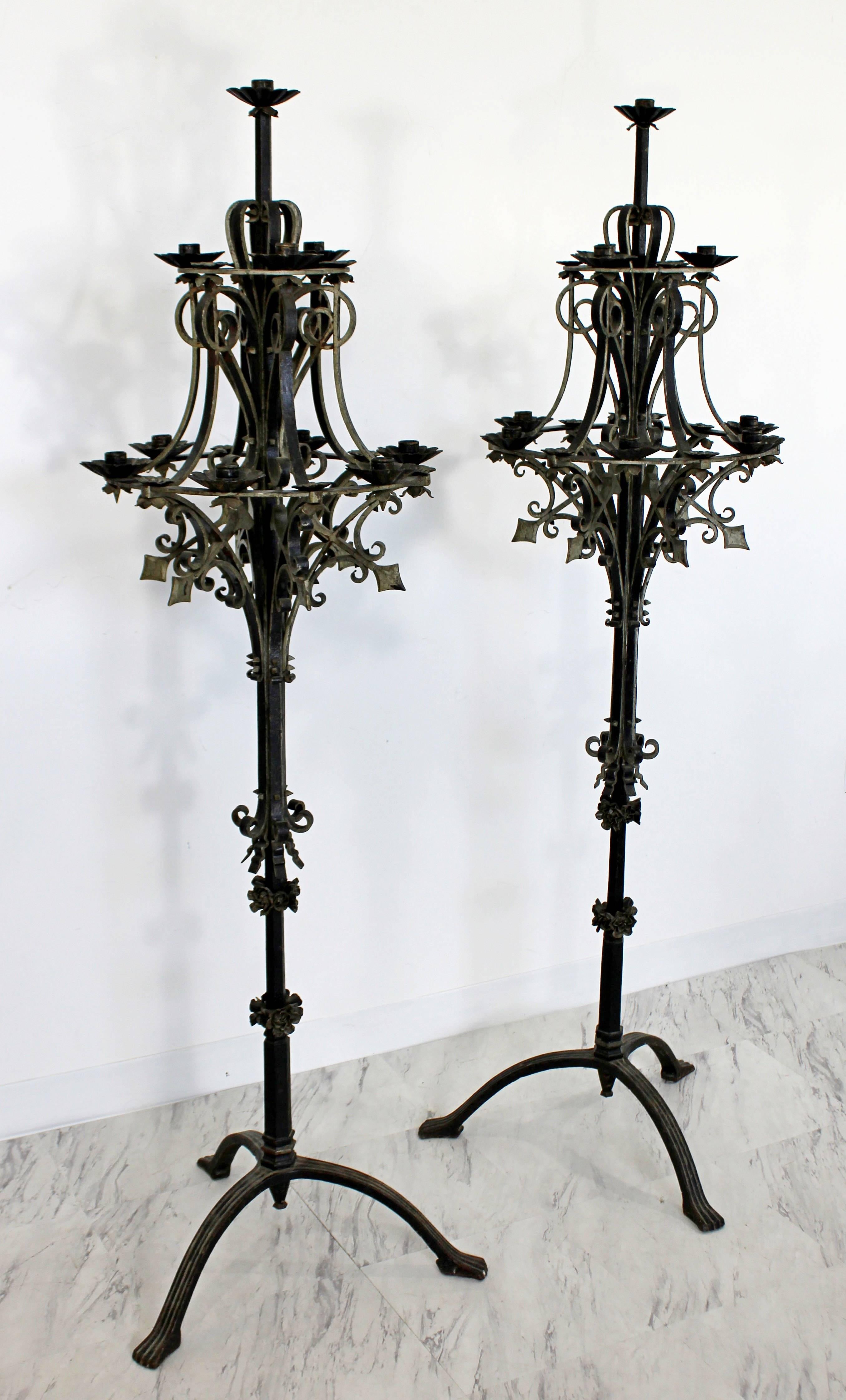 American Mid-Century Modern Pair of Gothic Black Iron Metal Floral Standing Candelabra