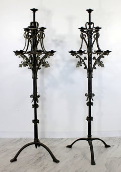 Mid-Century Modern Pair of Gothic Black Iron Metal Floral Standing Candelabra