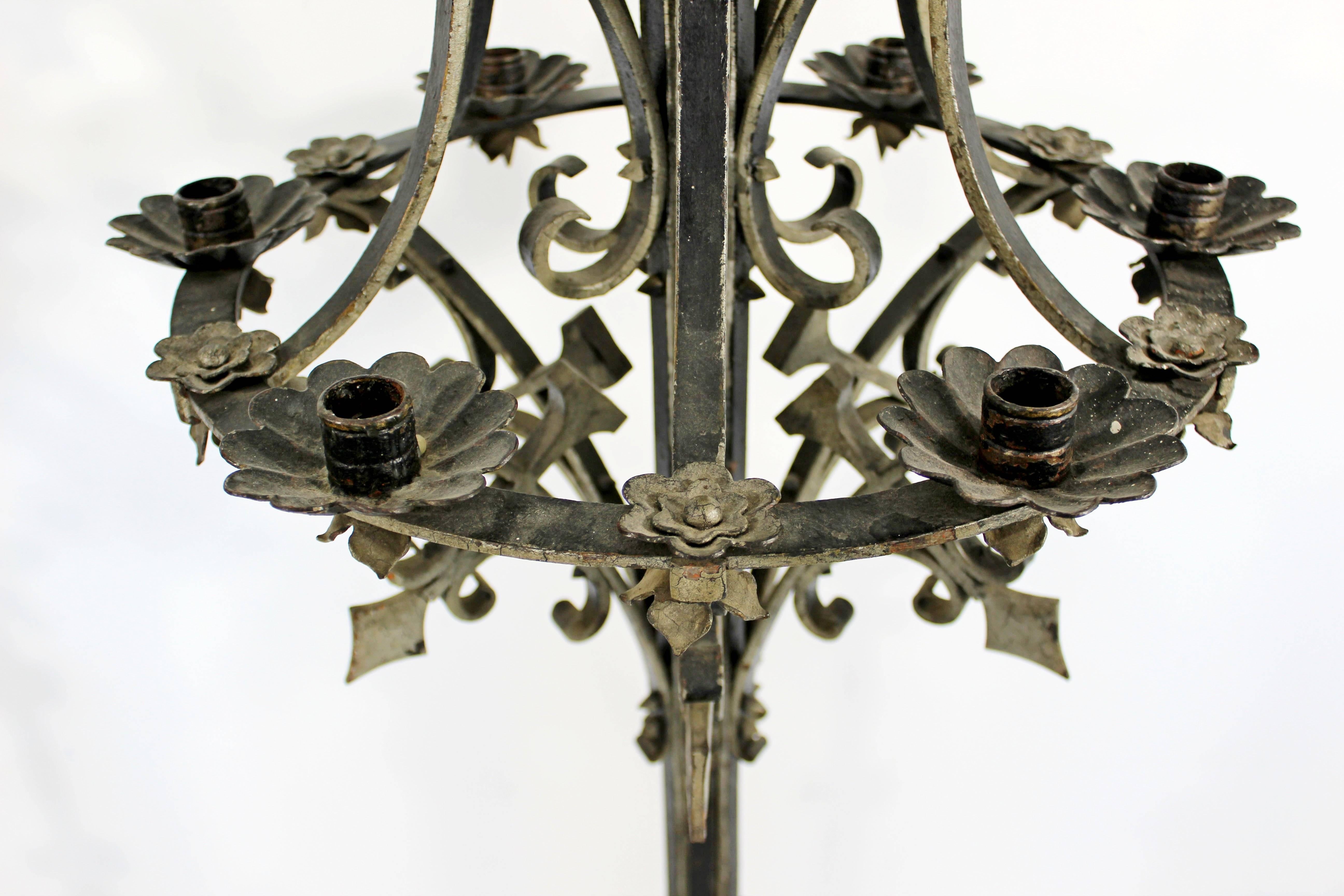 Wrought Iron Mid-Century Modern Pair of Gothic Black Iron Metal Floral Standing Candelabra
