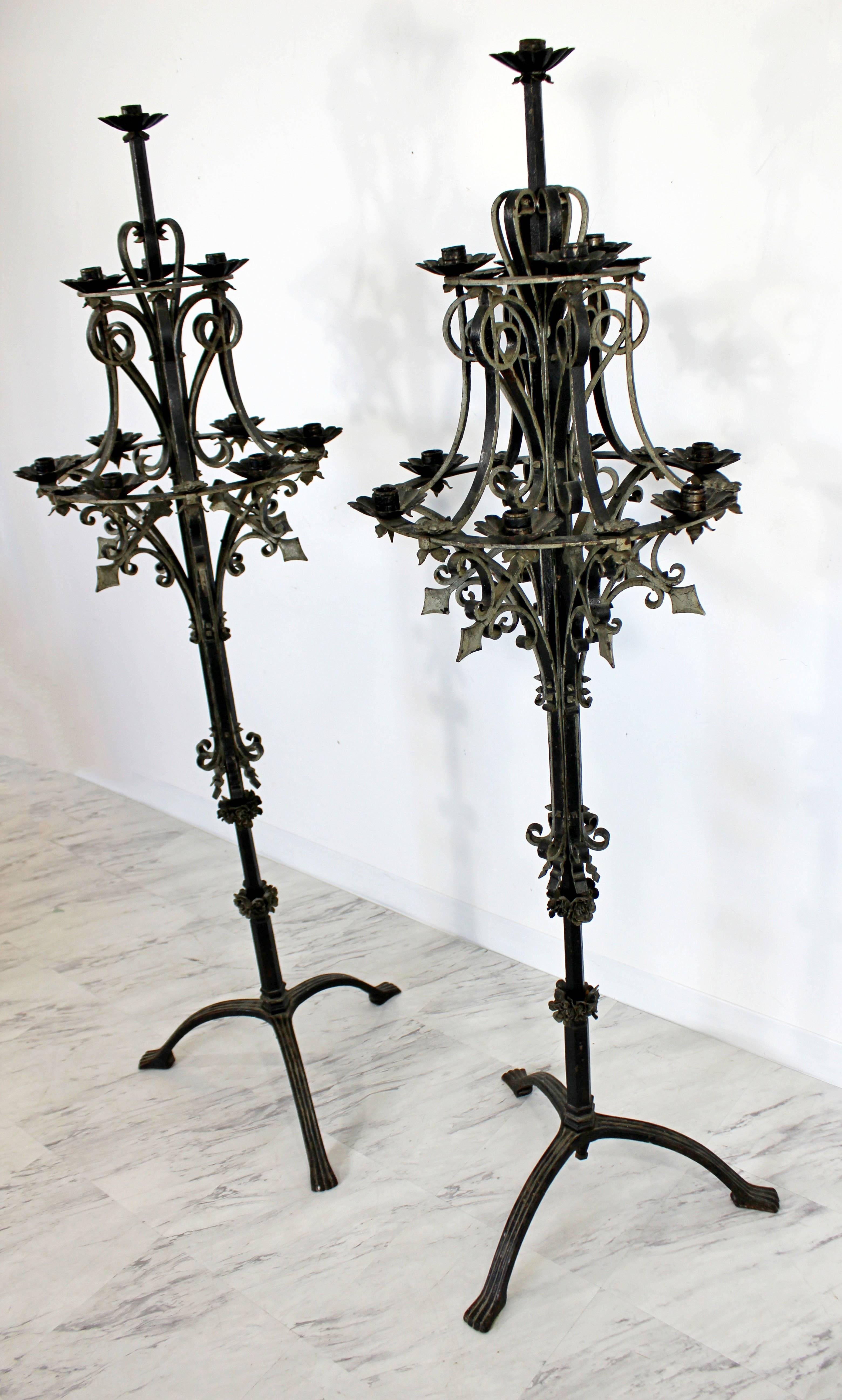 Mid-20th Century Mid-Century Modern Pair of Gothic Black Iron Metal Floral Standing Candelabra