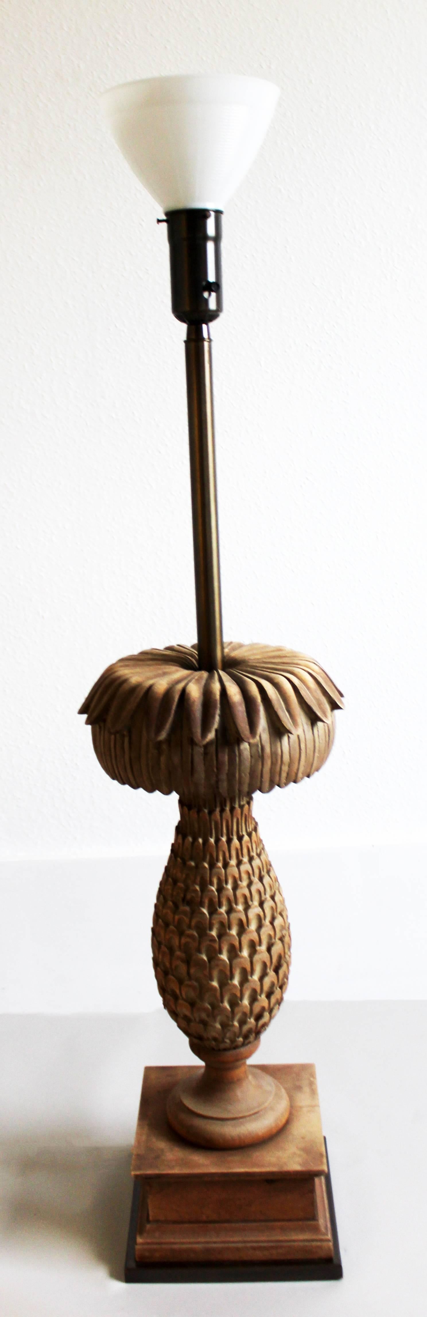 American Mid-Century Modern Marbro Pineapple Carved Wood Table Floor Lamp Original Shade