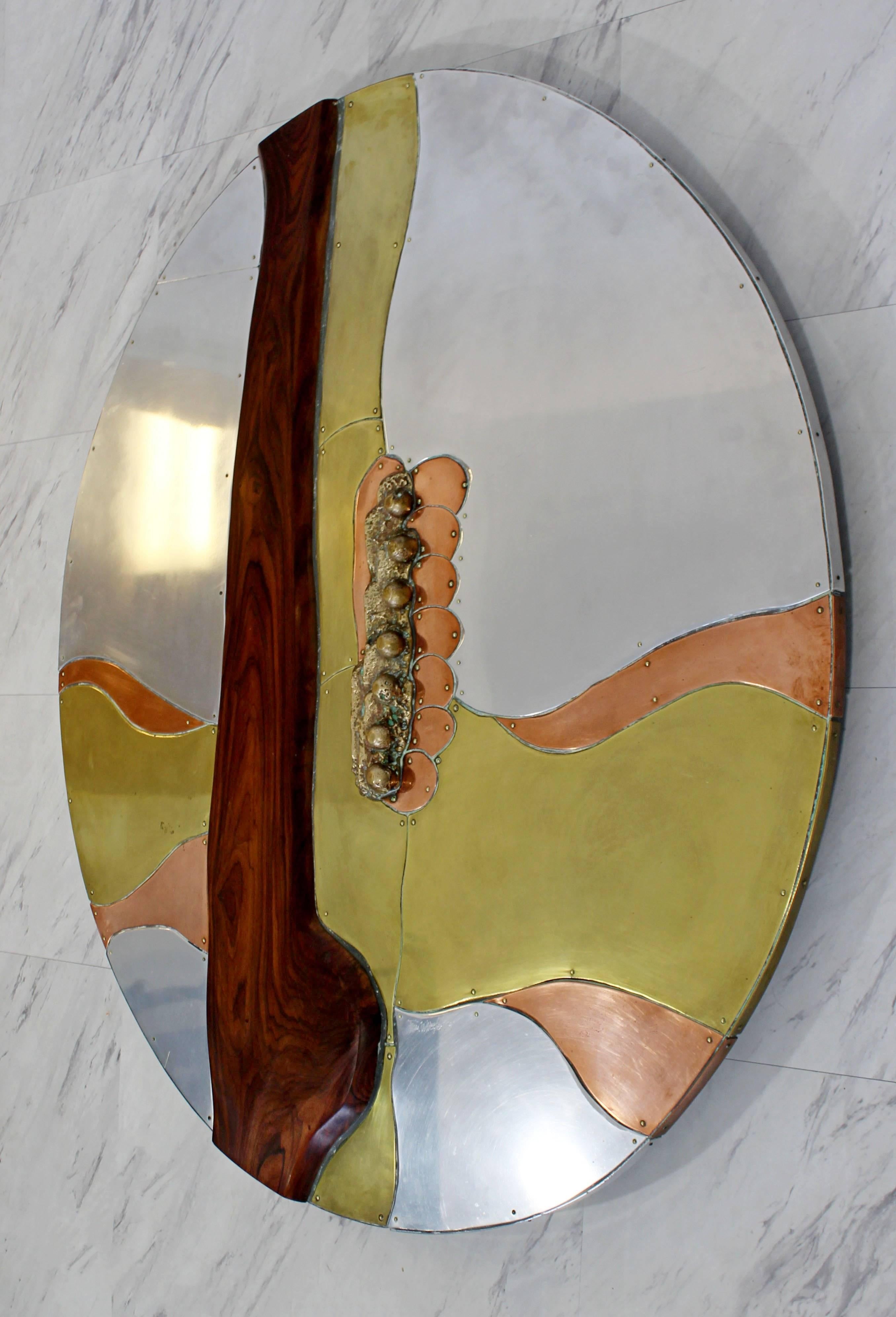 For your consideration is a phenomenal wall art sculpture, made of brass, copper, aluminium, signed and dated by Thom Wheeler, 1978. In excellent condition. The dimensions are 36