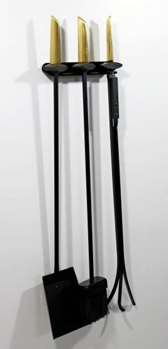 Mid-Century Modern Donald Deskey Set Wall Mount Iron Brass Fireplace Tools 1950s