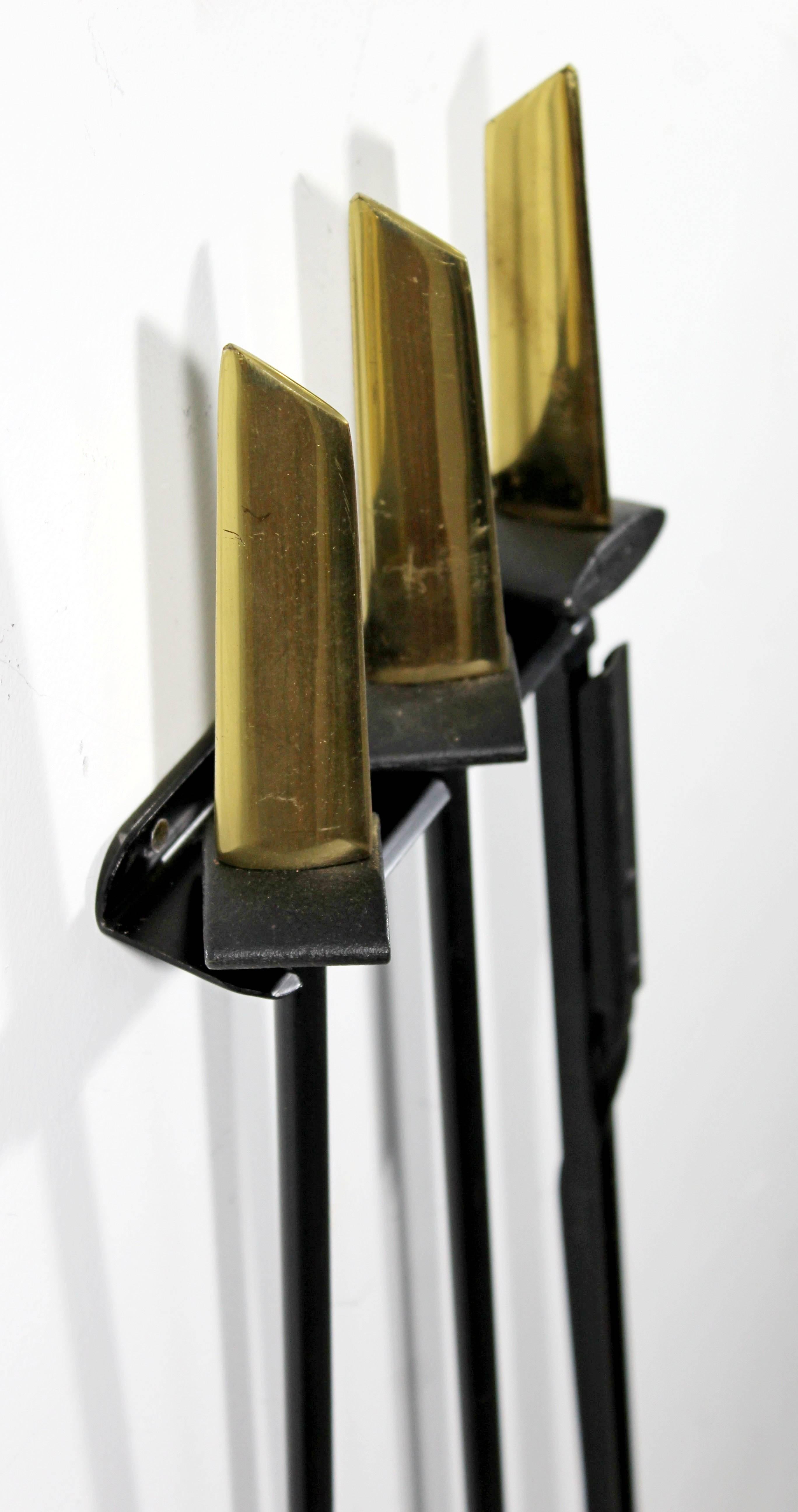 American Mid-Century Modern Donald Deskey Set Wall Mount Iron Brass Fireplace Tools 1950s
