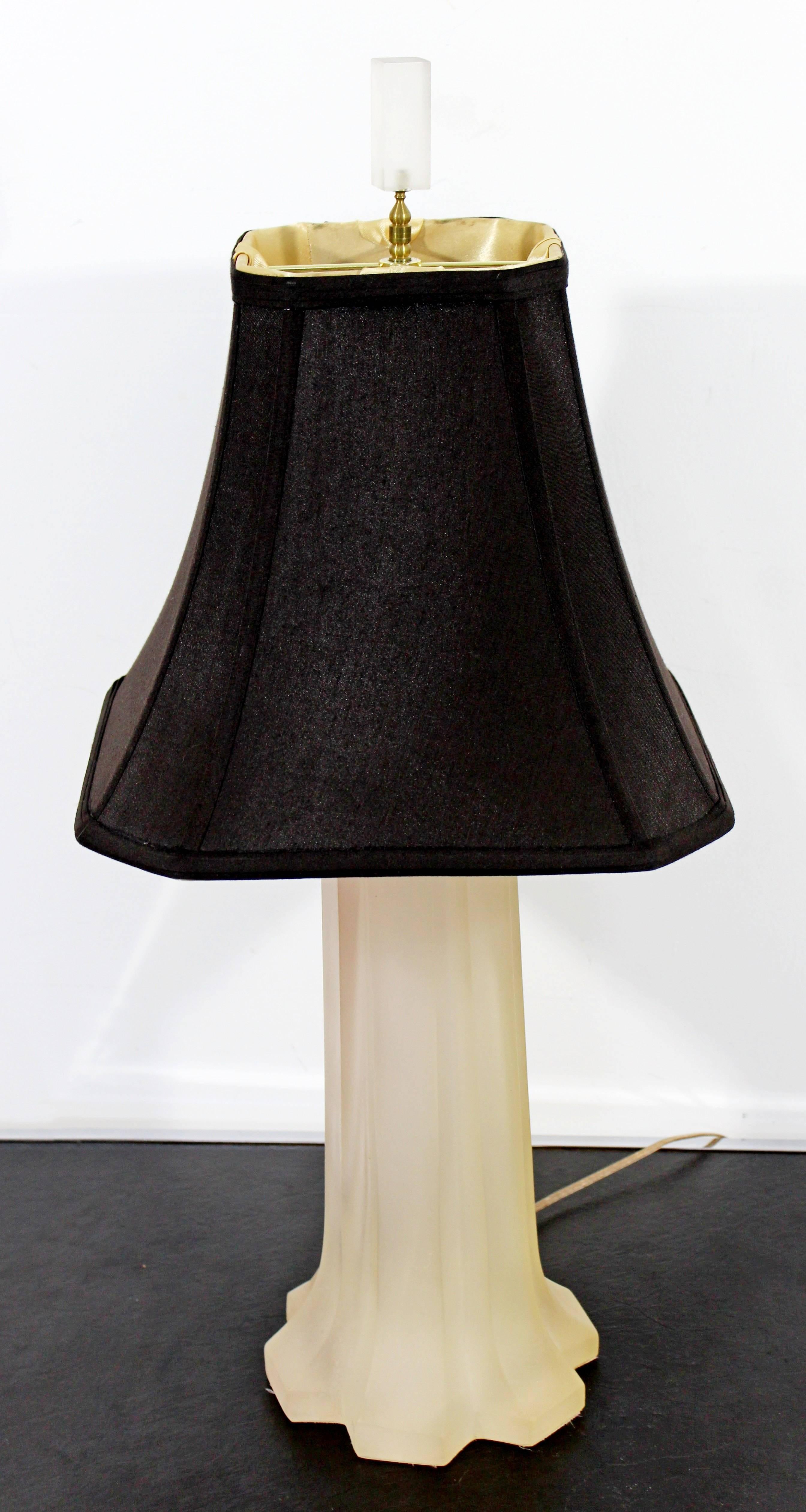 For your consideration is a beautiful, frosted resin table lamp with its original finial, designed and signed by Italian Designer Paolo Gucci, circa the 1970s. Silk shade included. In excellent condition. The dimensions of the lamp are 8