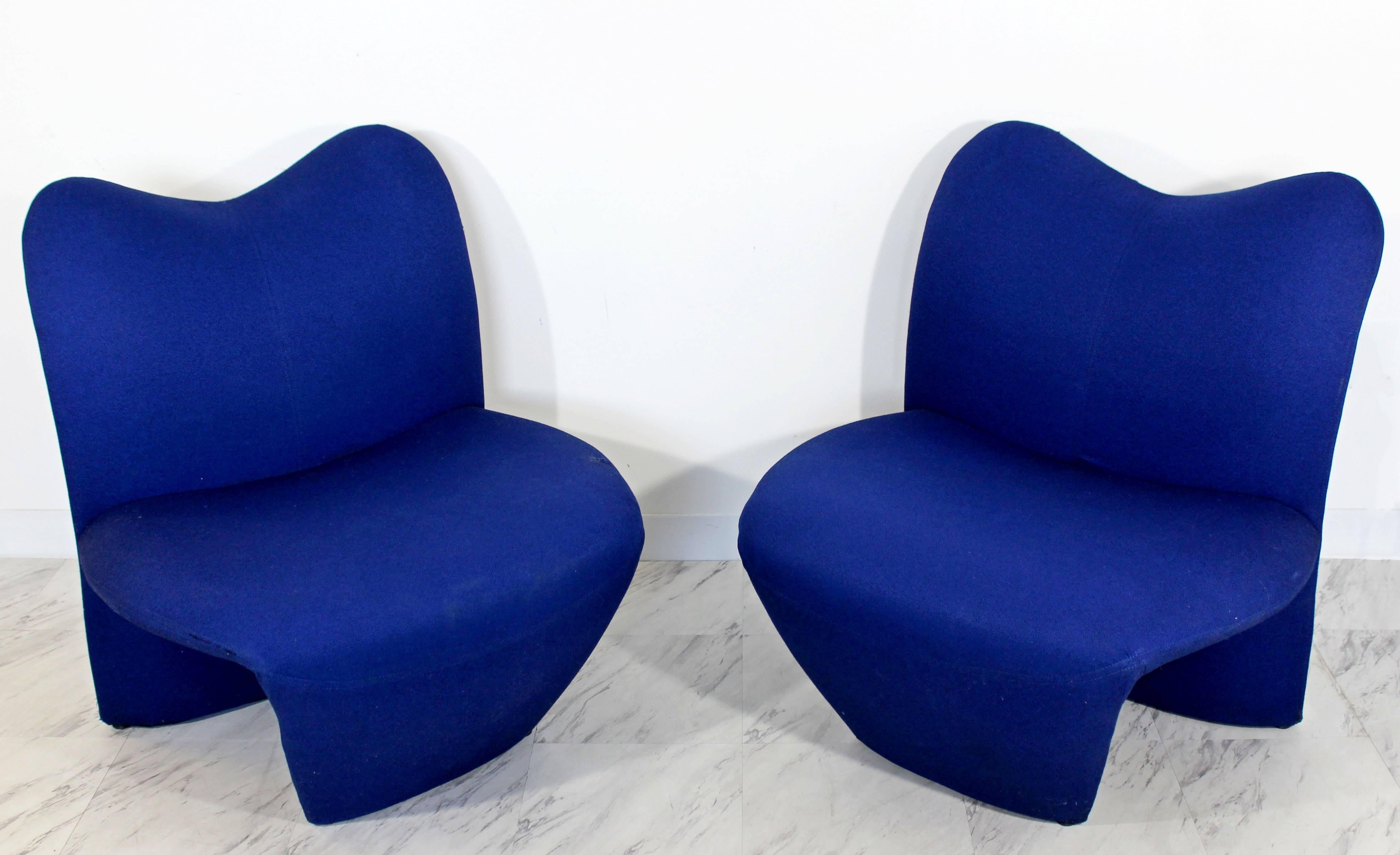 For your consideration is a fabulous pair of Sculpted, side lounge chairs. In good vintage condition, with condition issues shown in pictures 7 & 8. Can be used as is with a small throw over the chair to cover the tear or to be reupholstered. The