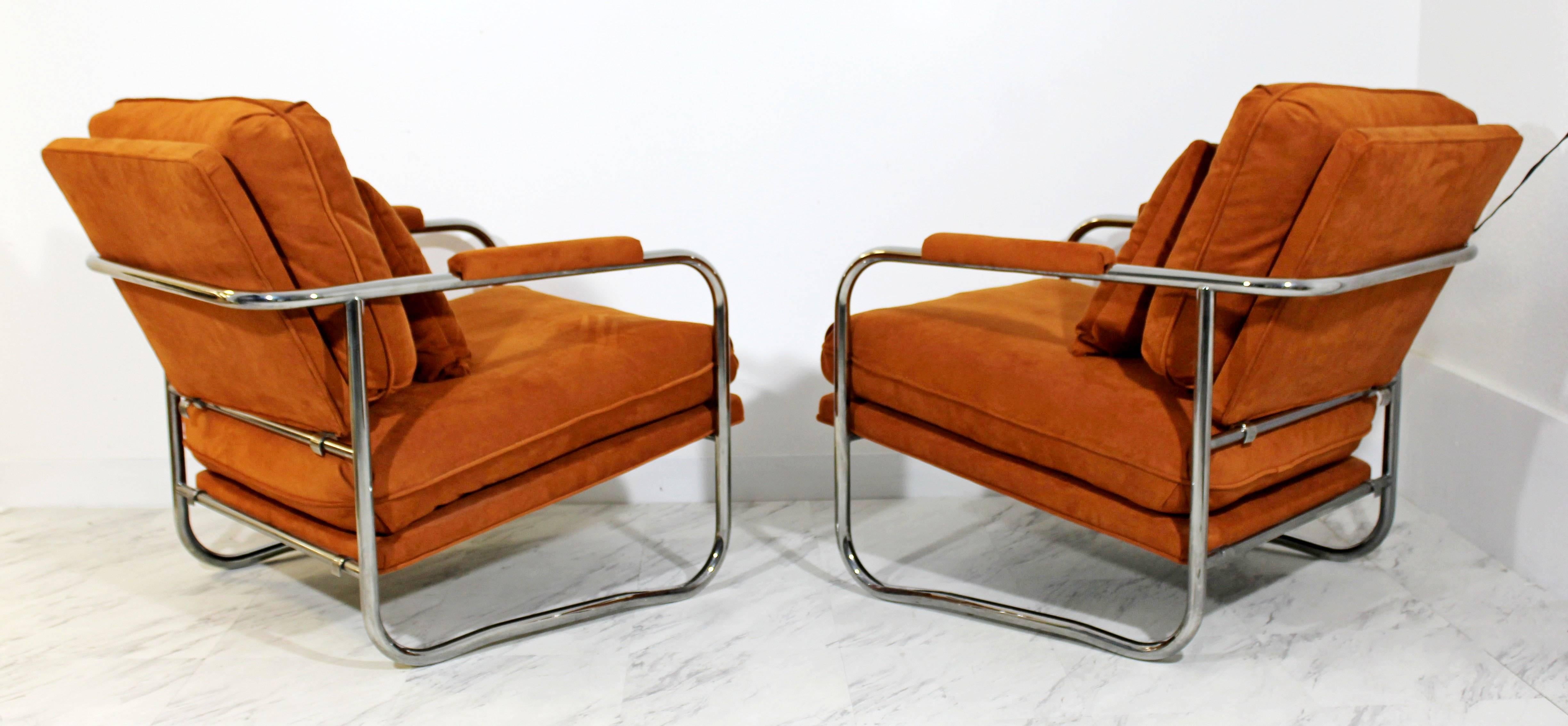 Late 20th Century Mid-Century Modern Pair of Tubular Chrome Lounge Chairs and Ottoman