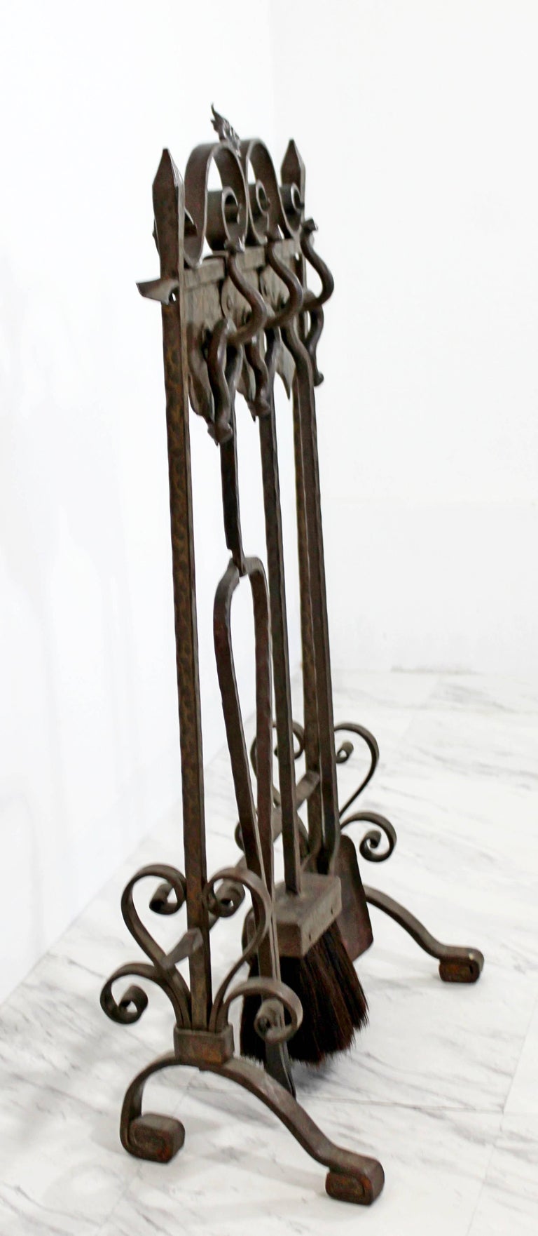 French Art Deco Hand Forged Wrought Iron Fireplace Tool Set For