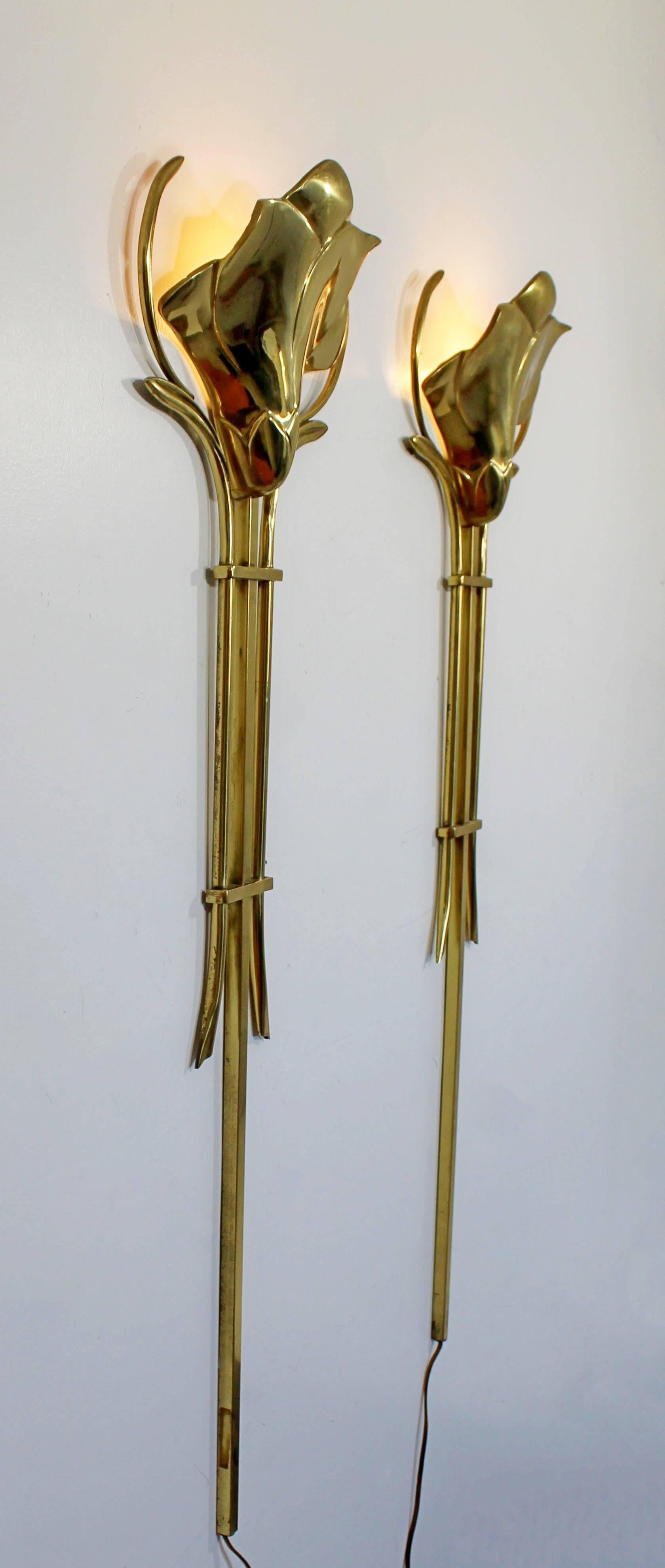 For your consideration is a magnificent, pair of brass, hanging, wall sconces, reminiscent of flowers, by Frederick Cooper, circa 1960s. In excellent condition. The dimensions are 12