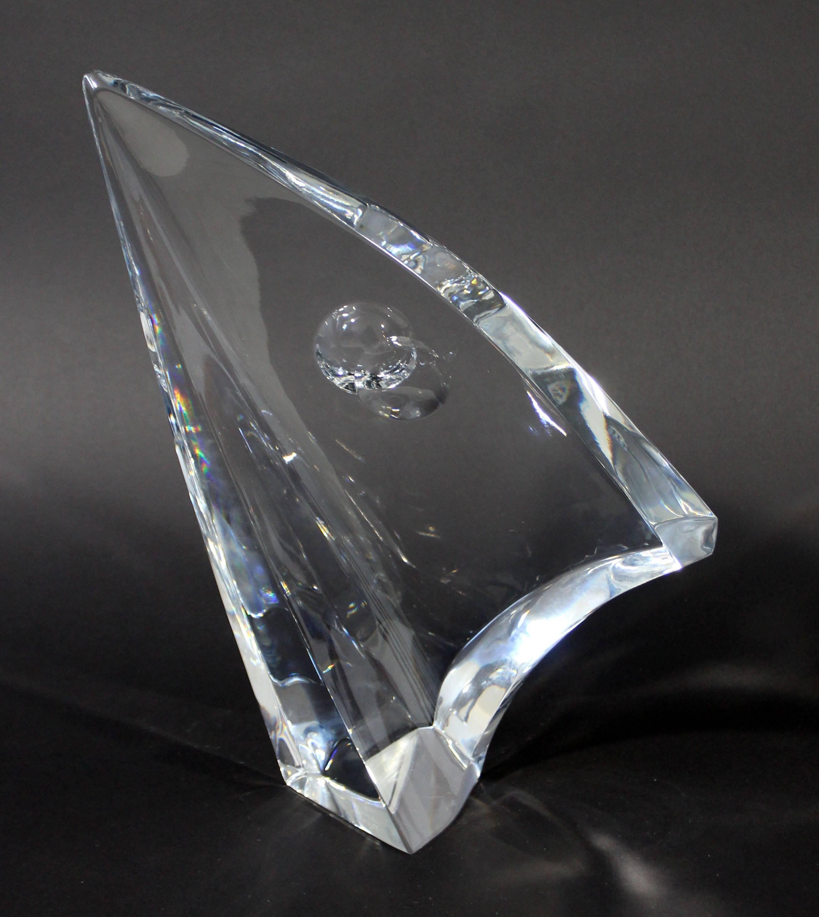 For your consideration is this Rare Baccarat full-lead crystal voile sail sculpture by Robert Rigot. This France exclusive design is from the late 1980’s, and is double signed. This stunning piece is in excellent condition and measures in at
