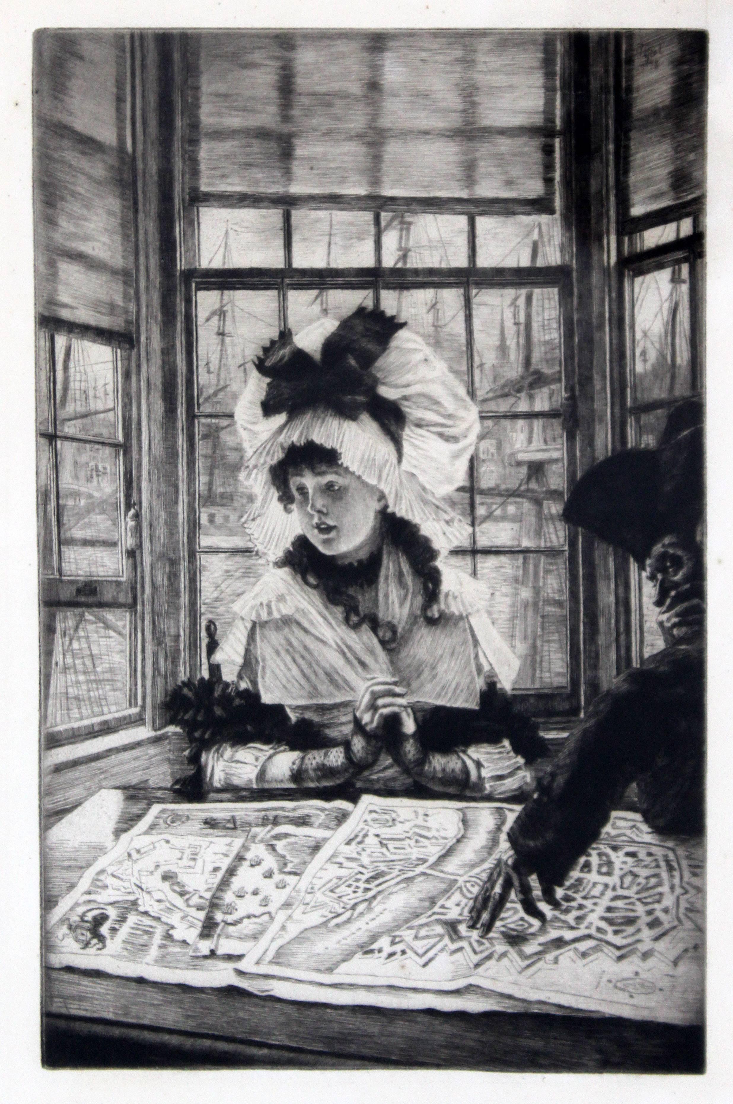 James Jacques Joseph Tissot (1836-1902) Histoire ennuyeuse etching, 1878, on wove paper, from the edition of about 100, with margins, light-staining color of paper, otherwise in good condition, framed. The frame measures in at 17