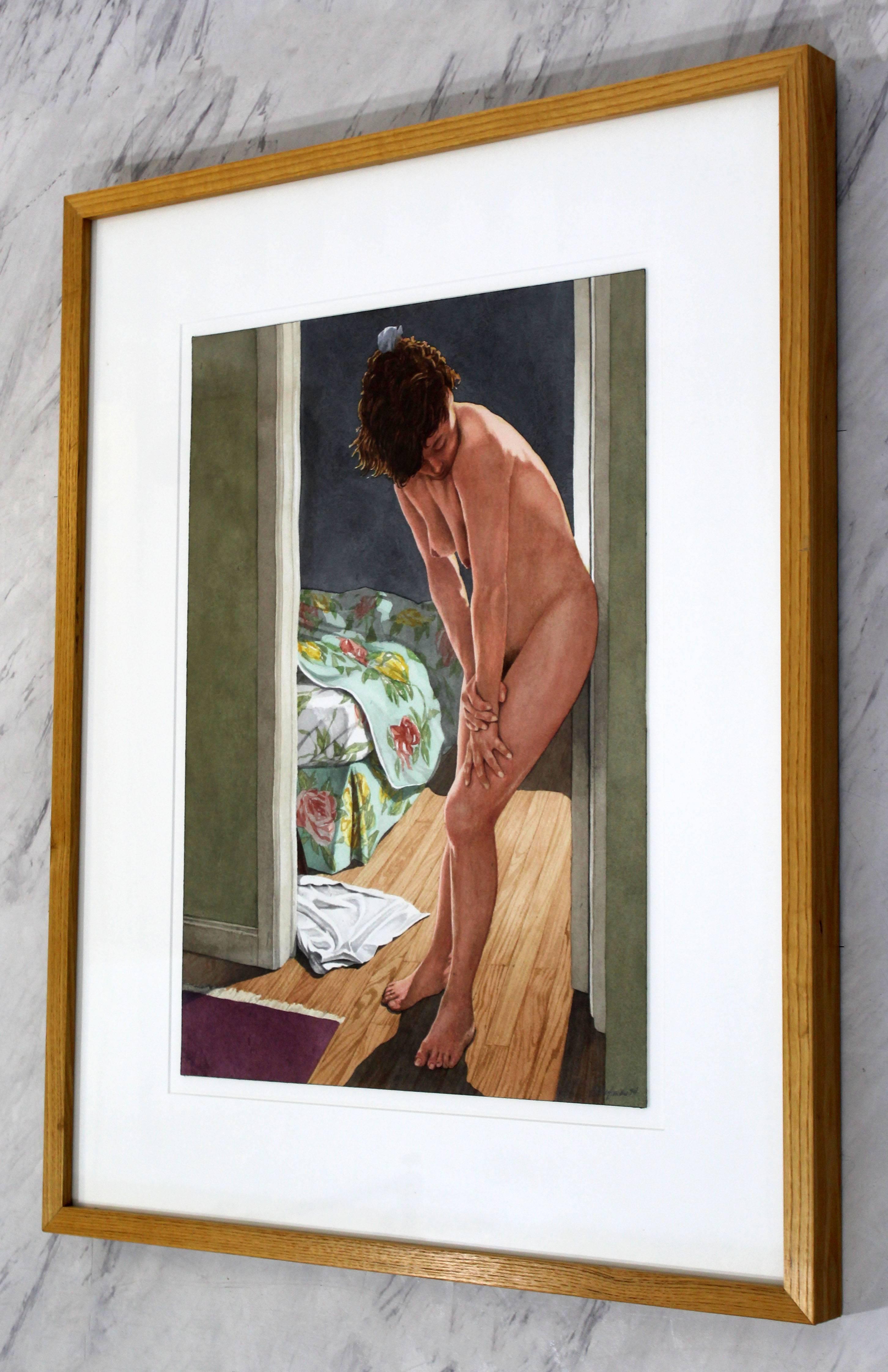 Robert Schefman is a college for creative studies professor, considered one of the best living artists in Michigan today. Schefman paints the human figure as seen here in this watercolor. This piece is untitled, sighed, dated 1994, and measures in