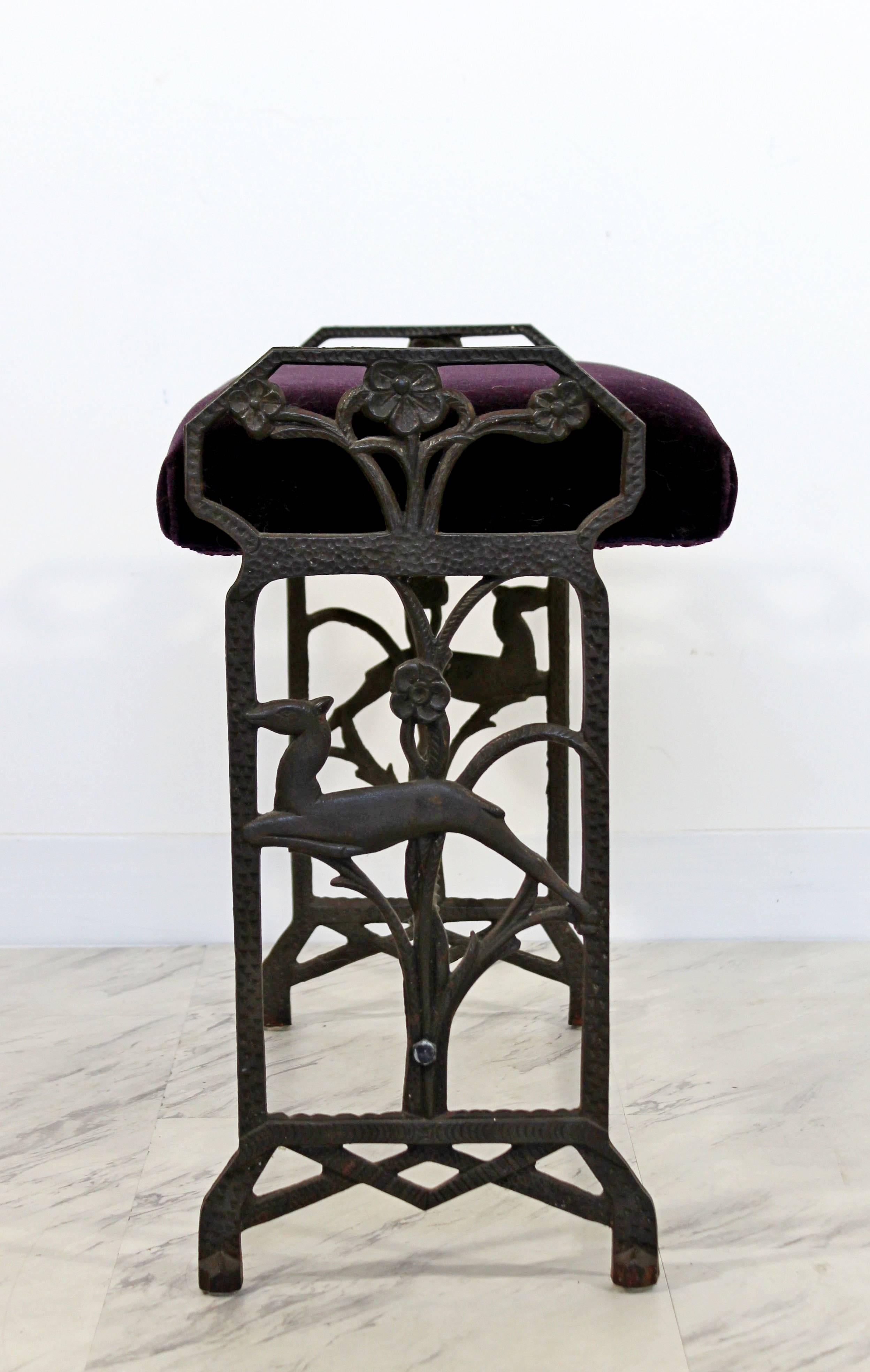 Art Deco Wrought Iron Bench Seat Purple Velvet Gothic Revival Style In Good Condition In Keego Harbor, MI