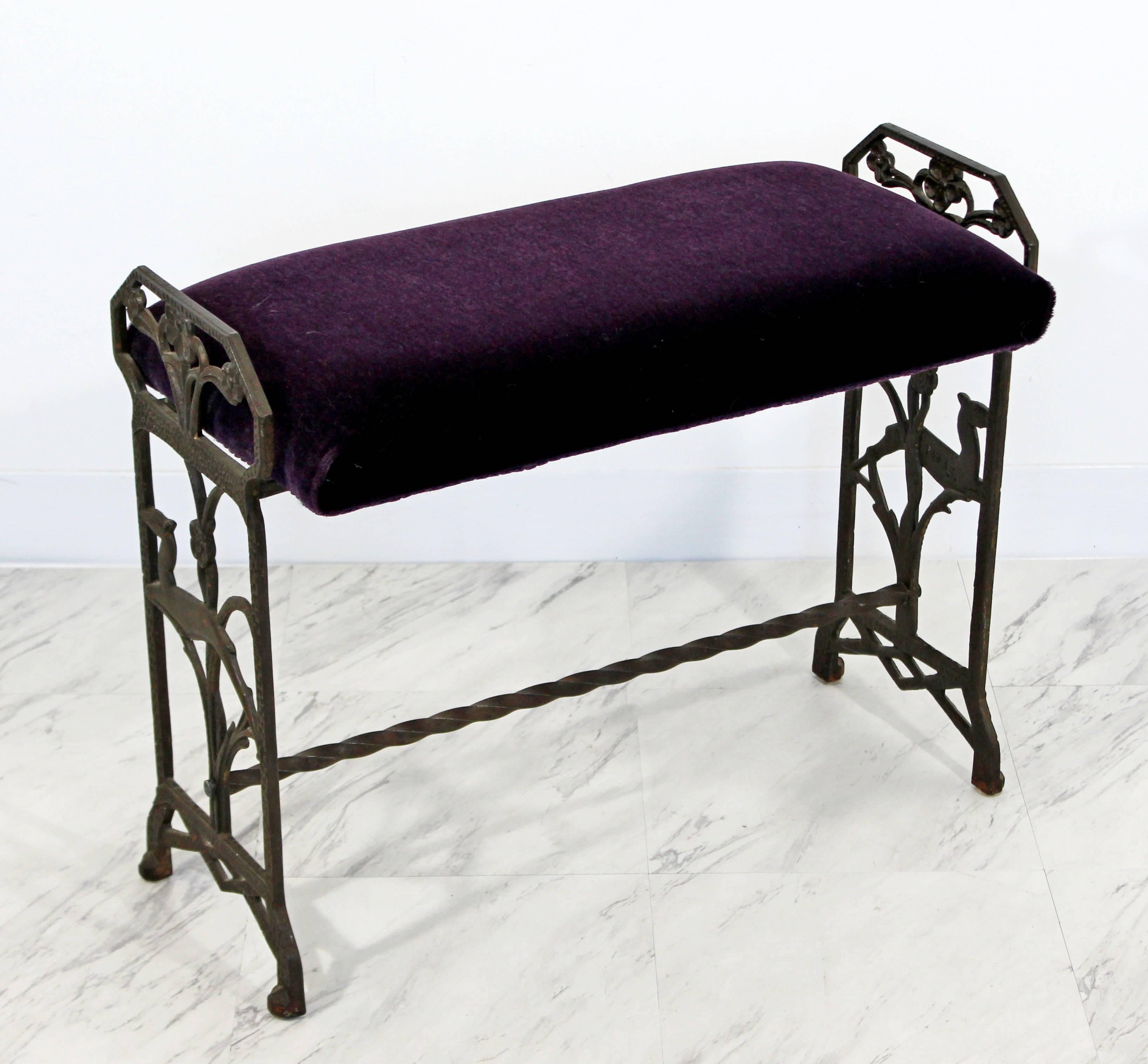 American Art Deco Wrought Iron Bench Seat Purple Velvet Gothic Revival Style
