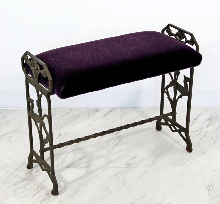 Art Deco Wrought Iron Bench Seat Purple Velvet Gothic Revival Style at