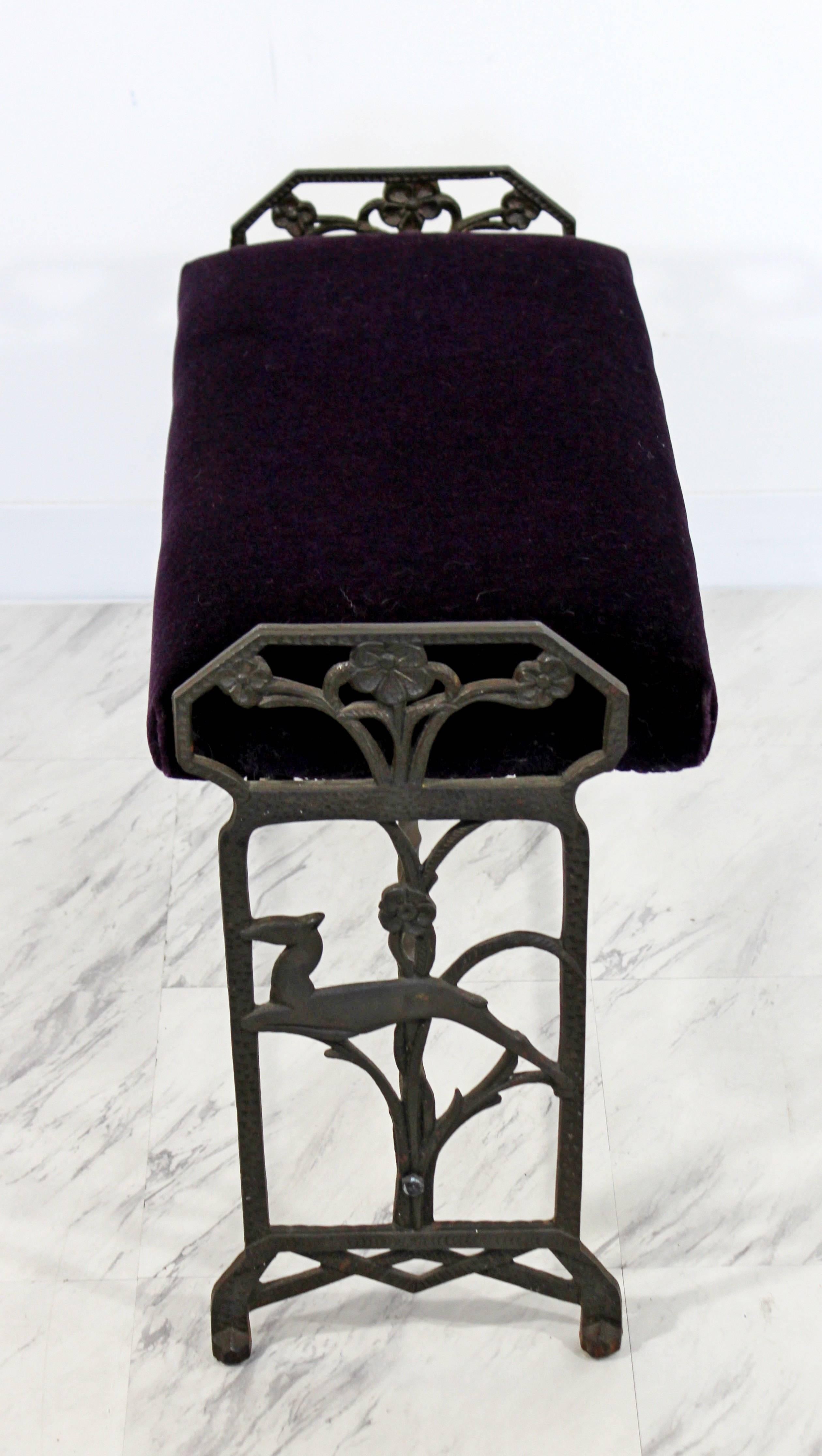 Mid-20th Century Art Deco Wrought Iron Bench Seat Purple Velvet Gothic Revival Style