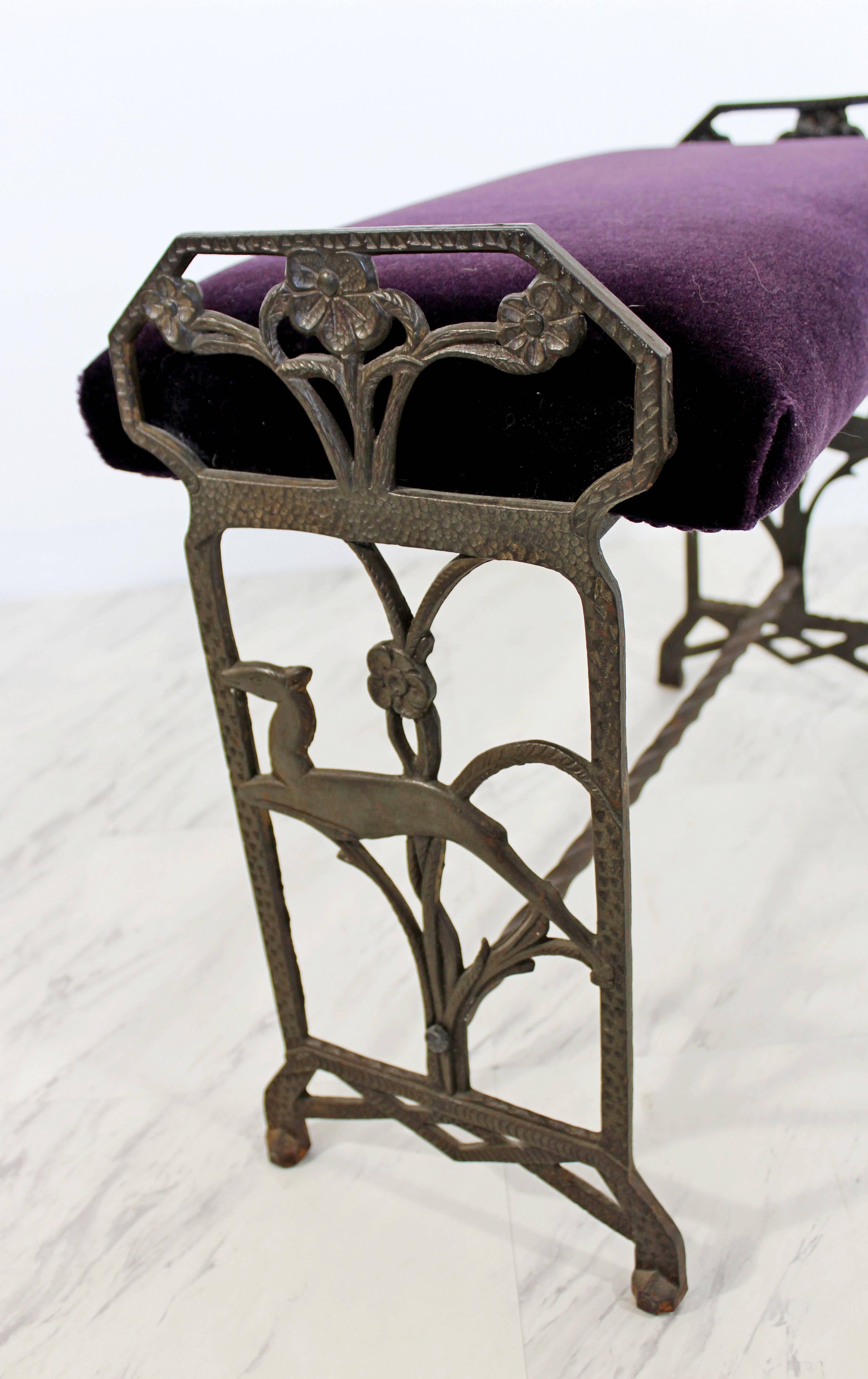 Art Deco Wrought Iron Bench Seat Purple Velvet Gothic Revival Style 1