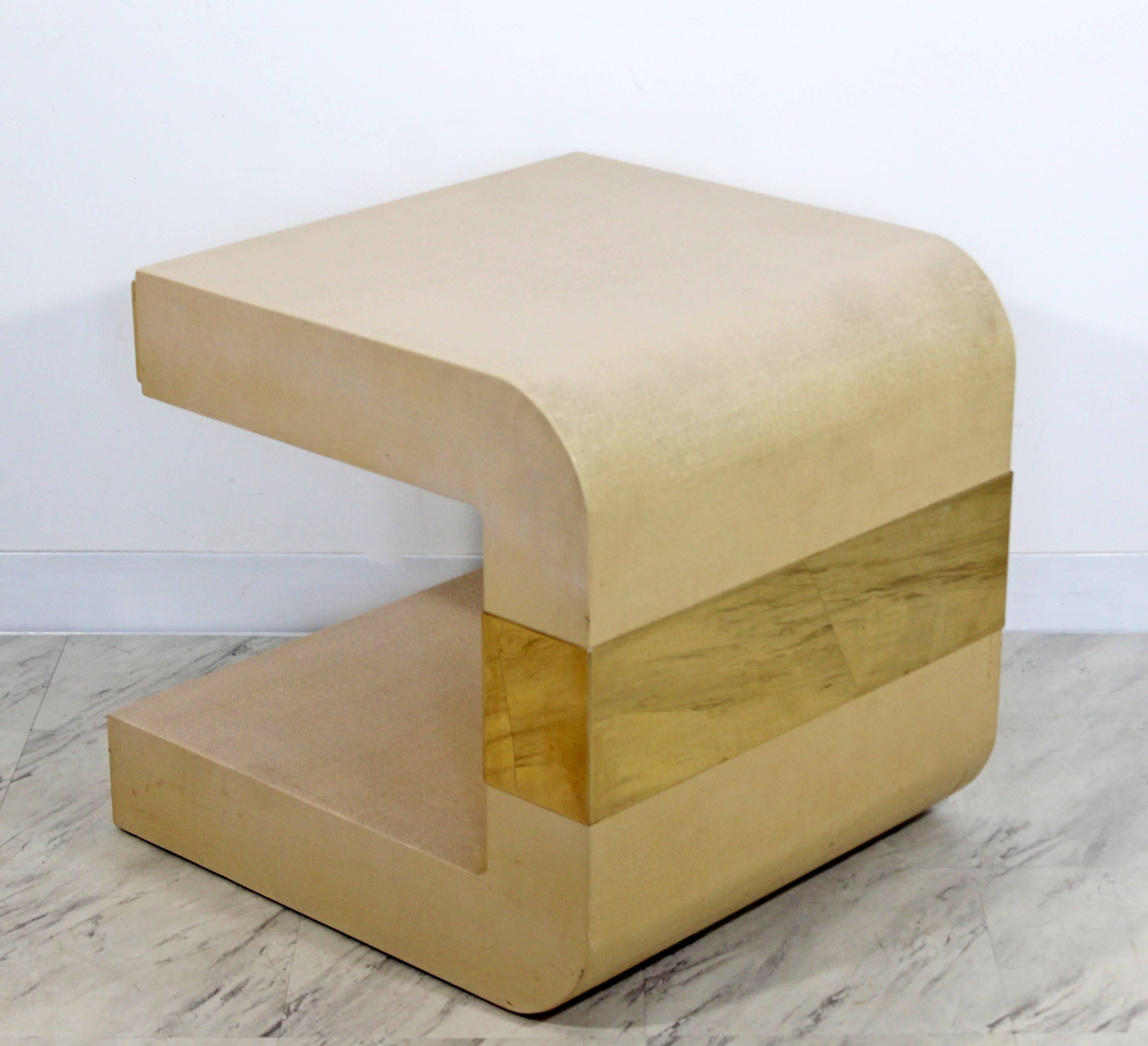 Mid-Century Modern Lacquer Grasscloth Brass Sculptural Side Table Springer Era 1