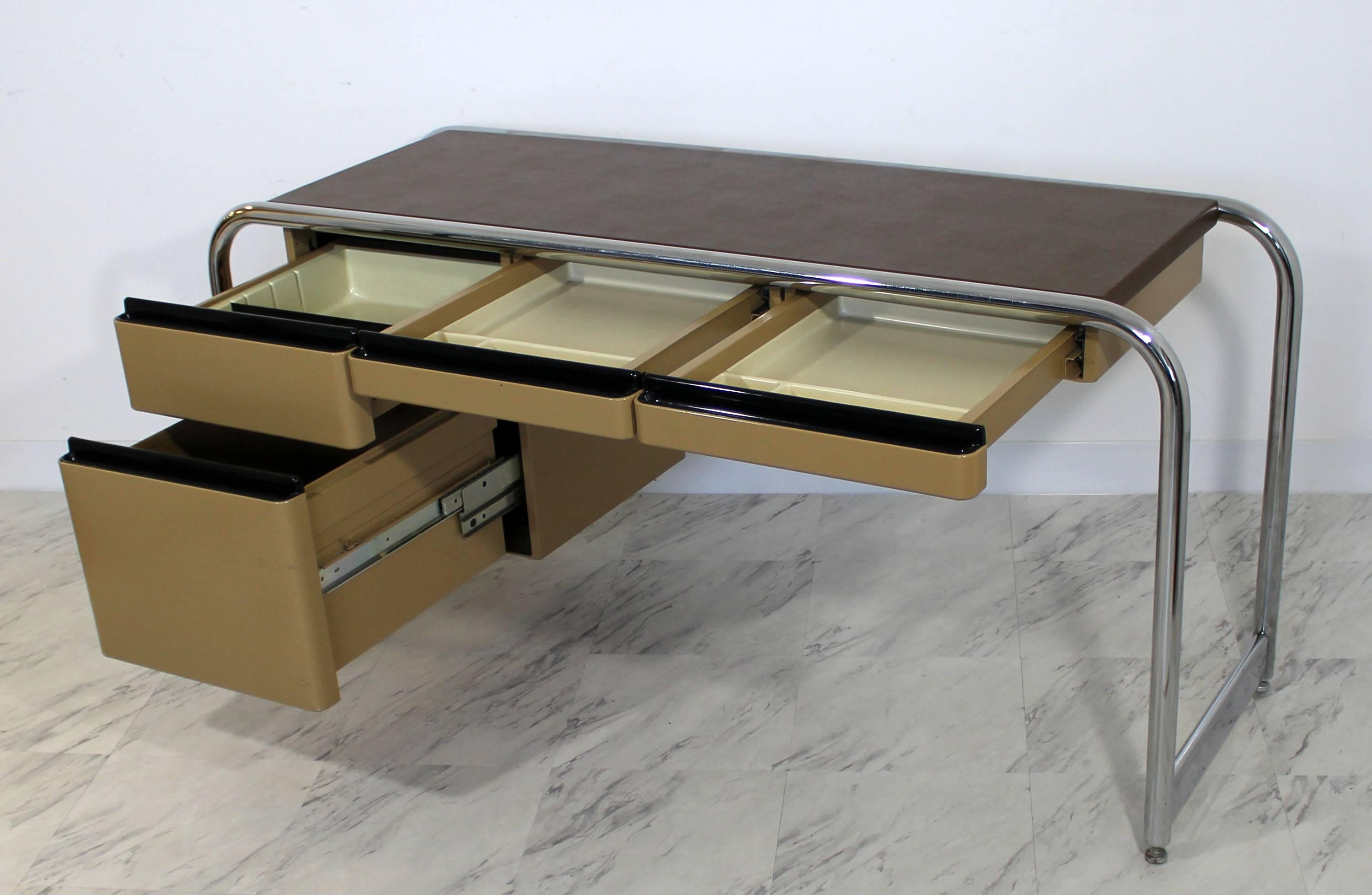 Late 20th Century Mid-Century Modern Tubular Chrome Brown Leather Top Desk by Sunar Hauserman
