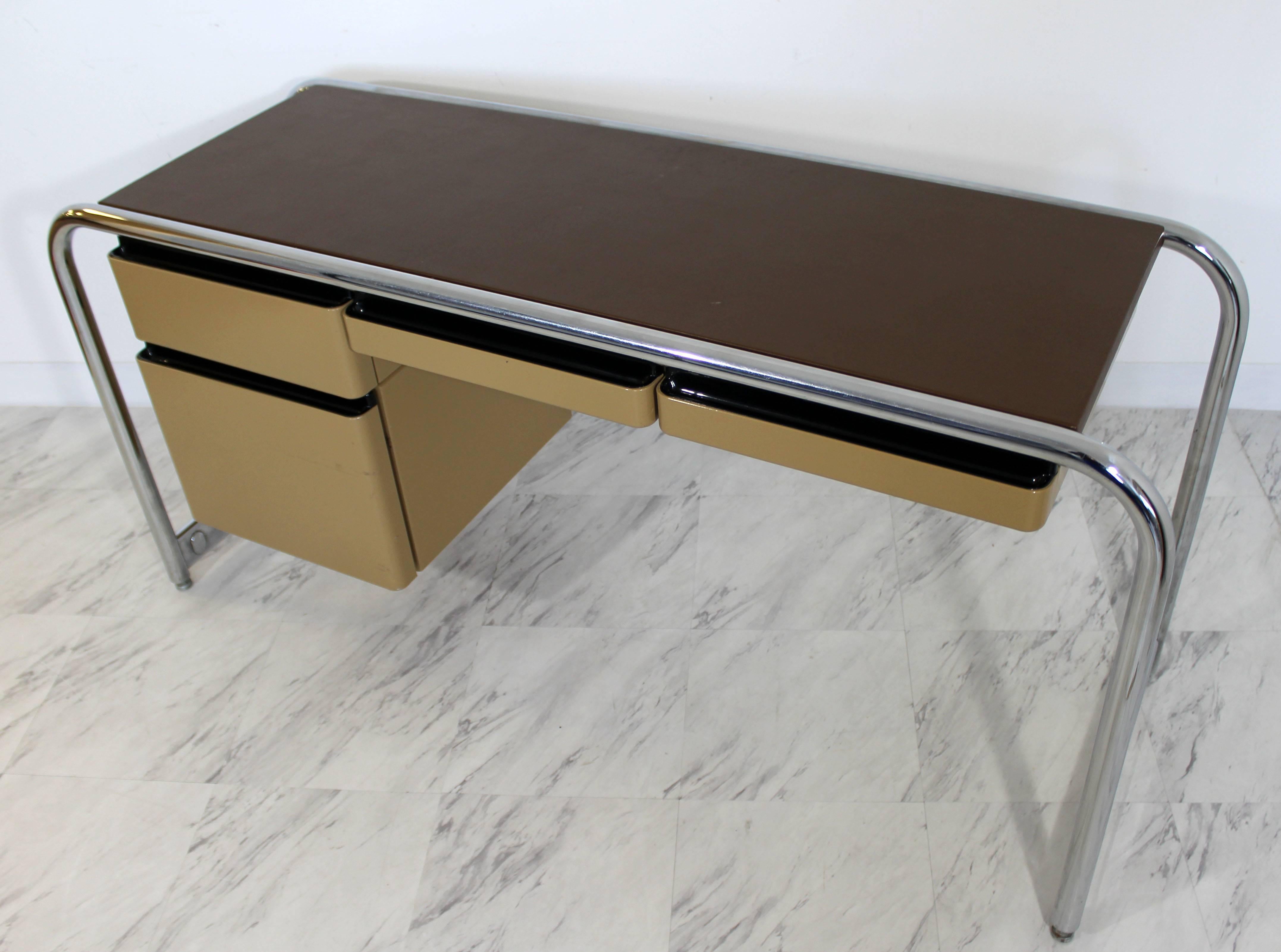 Mid-Century Modern Tubular Chrome Brown Leather Top Desk by Sunar Hauserman 2