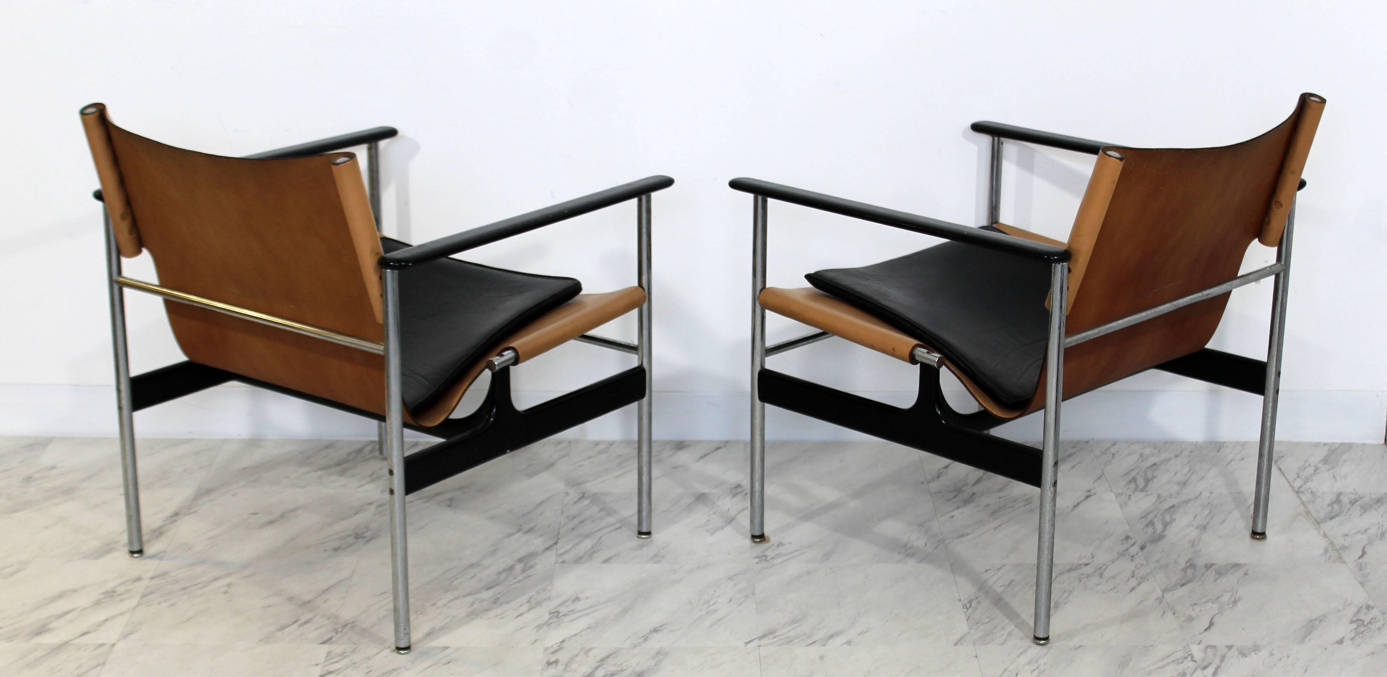 Leather Mid-Century Modern Pair of Charles Pollock for Knoll #657 Chrome Armchairs