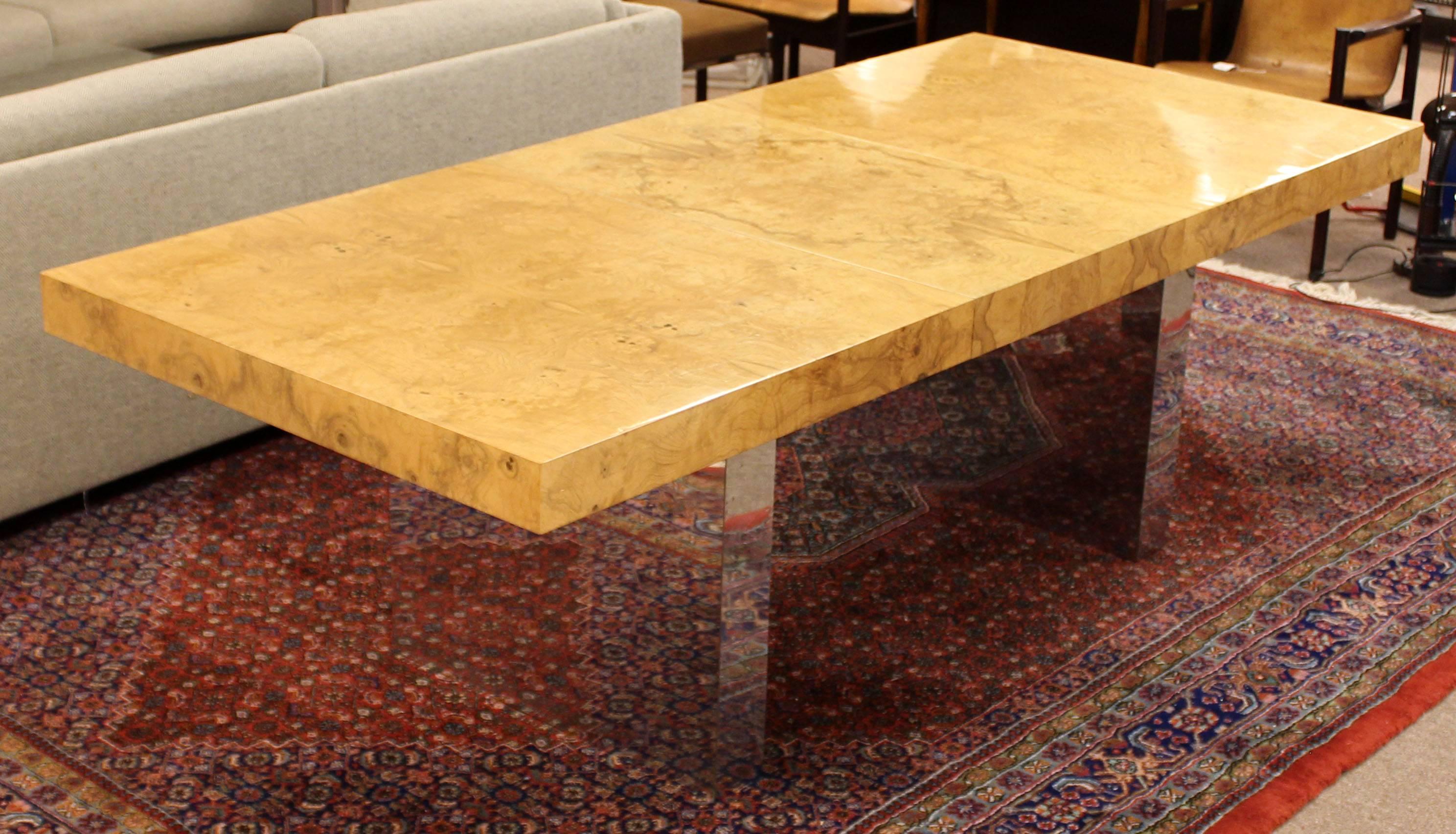 Mid-Century Modern Milo Baughman Burl Wood Chrome Expandable Dining Table, 1970s In Good Condition In Keego Harbor, MI