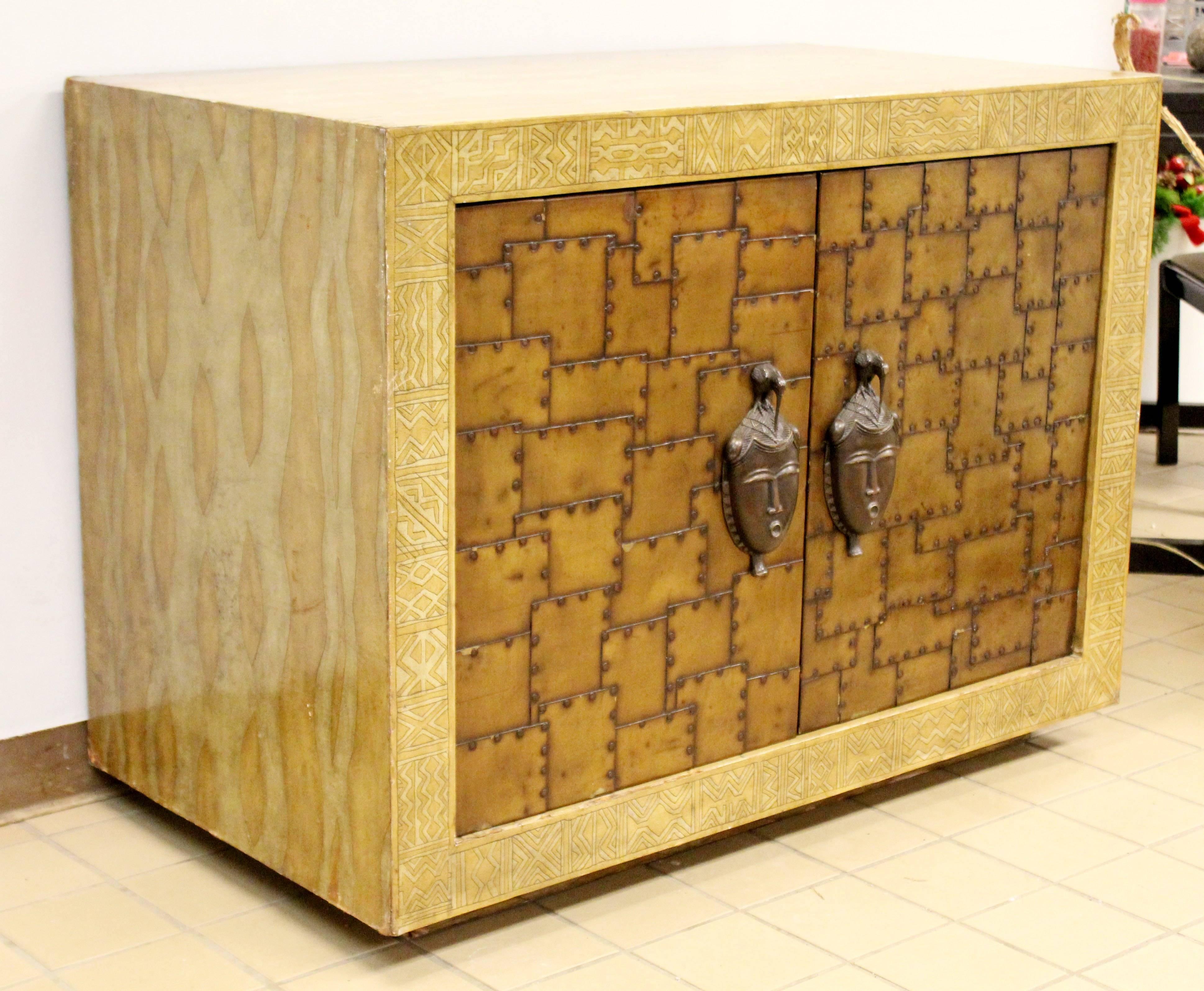American Mid-Century Modern Bronze Leather Cabinet Credenza Asian Mont Mastercraft Attr.