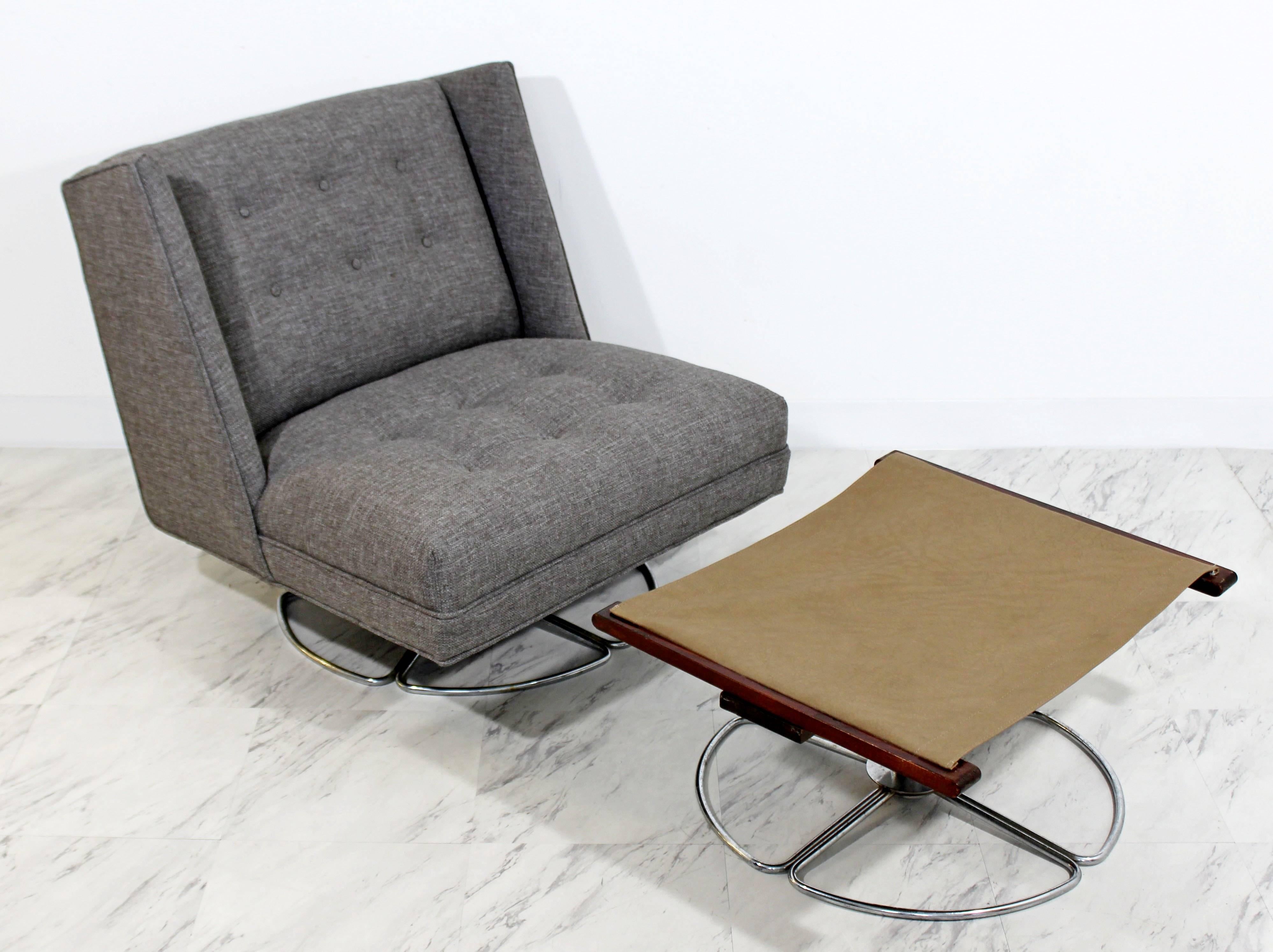 Mid-Century Modern Low Gray Swivel Chair and Ottoman Chrome Base Baughman Era 1