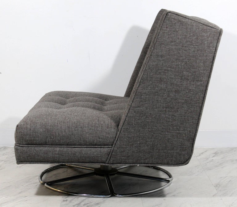 MidCentury Modern Low Gray Swivel Chair and Ottoman Chrome Base