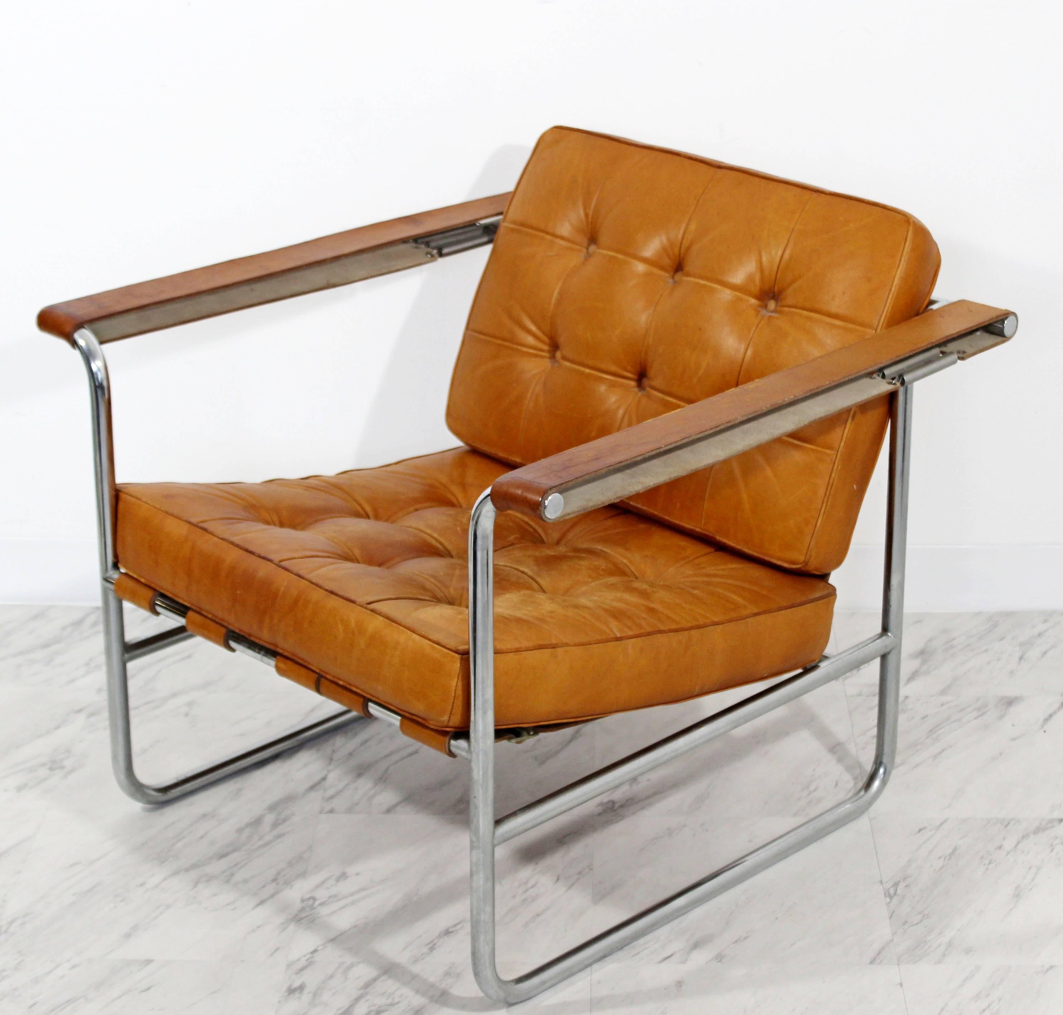 For your consideration is an original, brown leather and chrome, lounge chair, designed by Hans Eichenberger for De Sede Switzerland, imported by Stendig. Made in Switzerland, circa the 1970s. In great condition, with amazing patina to the leather.