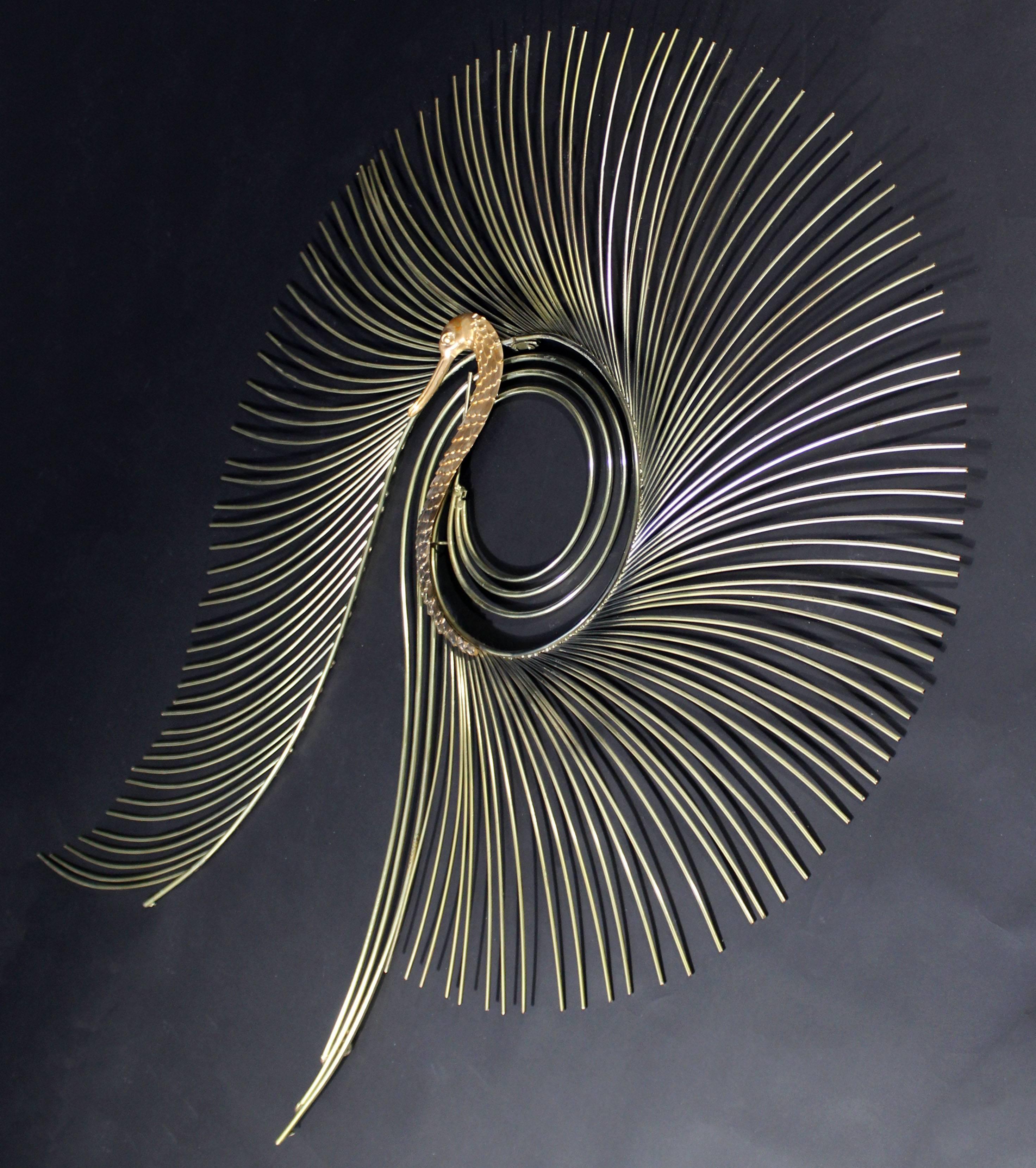 For your consideration is a fabulous, large, brass hanging wall sculpture of a peacock, signed Curtis Jere. In excellent condition. The dimensions are 41
