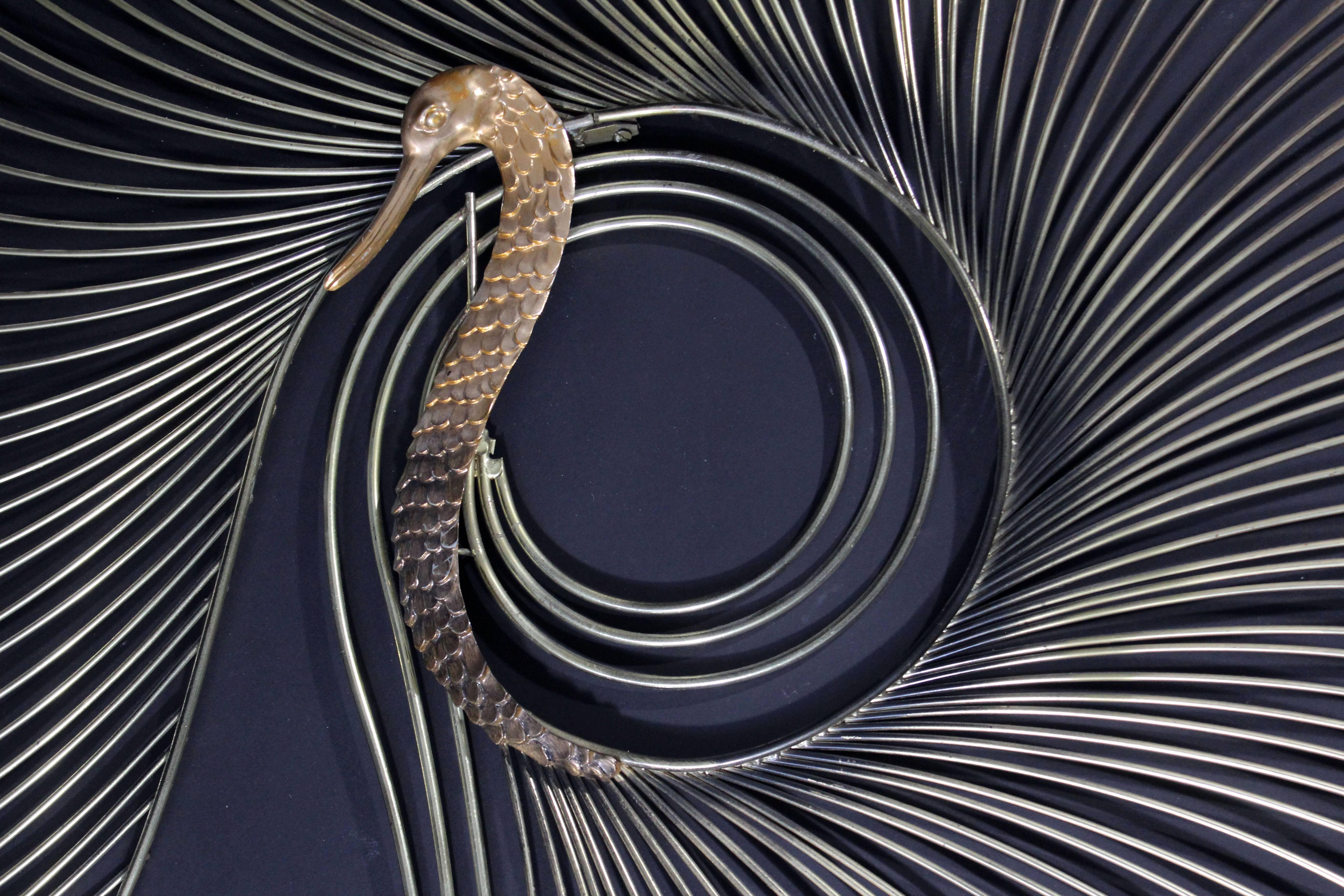 American Contemporary Modern Jere Large Brass Peacock Hanging Wall Sculpture 1980s Signed