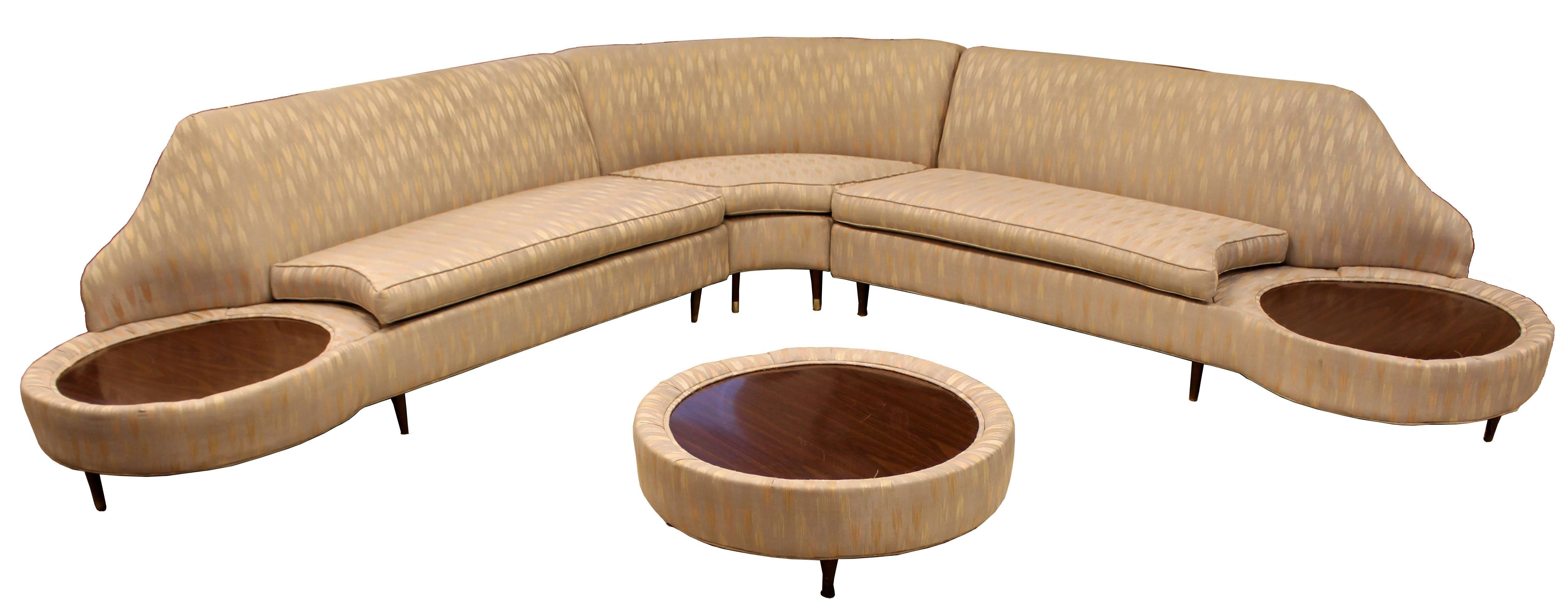 American Mid-Century Modern Three-Piece Curved Sofa Sectional Ottoman Side Tables
