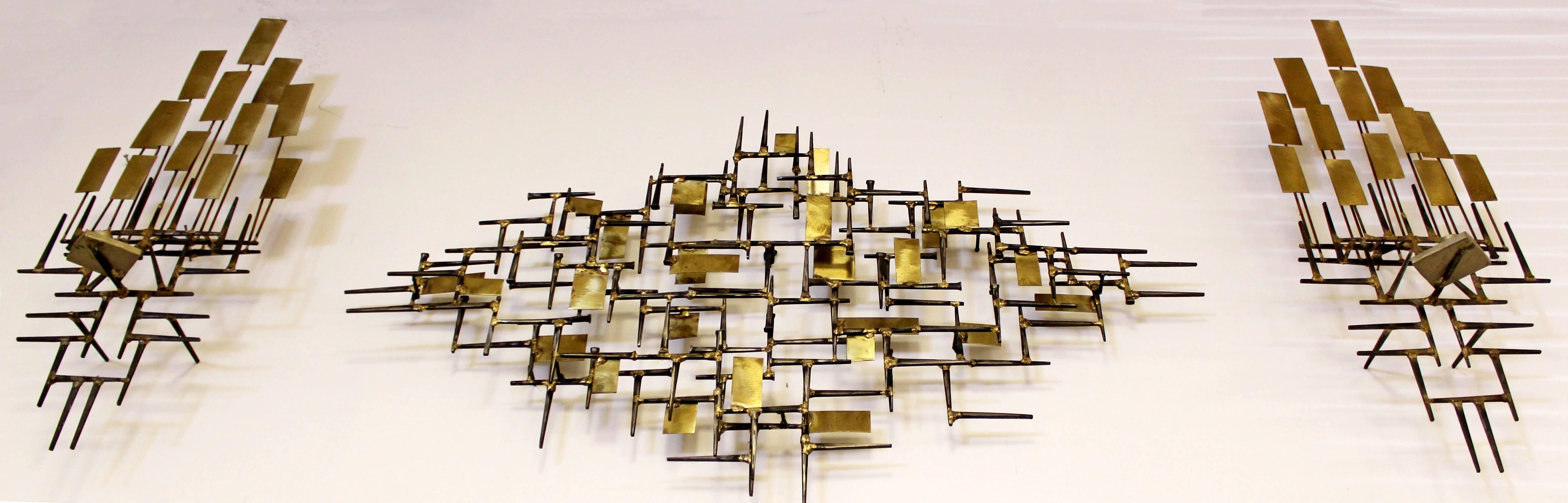 Late 20th Century Mid-Century Modern Three Hanging Brutalist Wall Nail Sculpture Sconces Bergasse