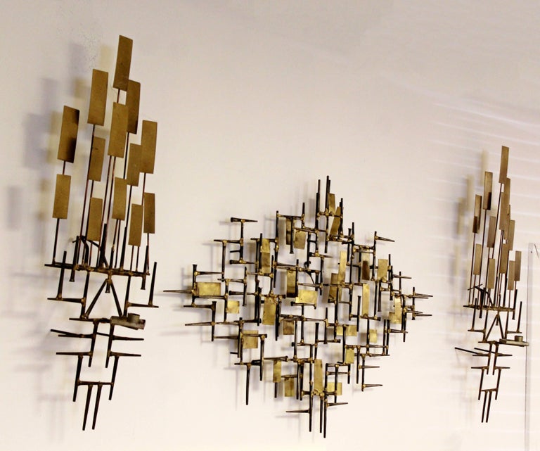 Mid-Century Modern Three Hanging Brutalist Wall Nail Sculpture Sconces ...