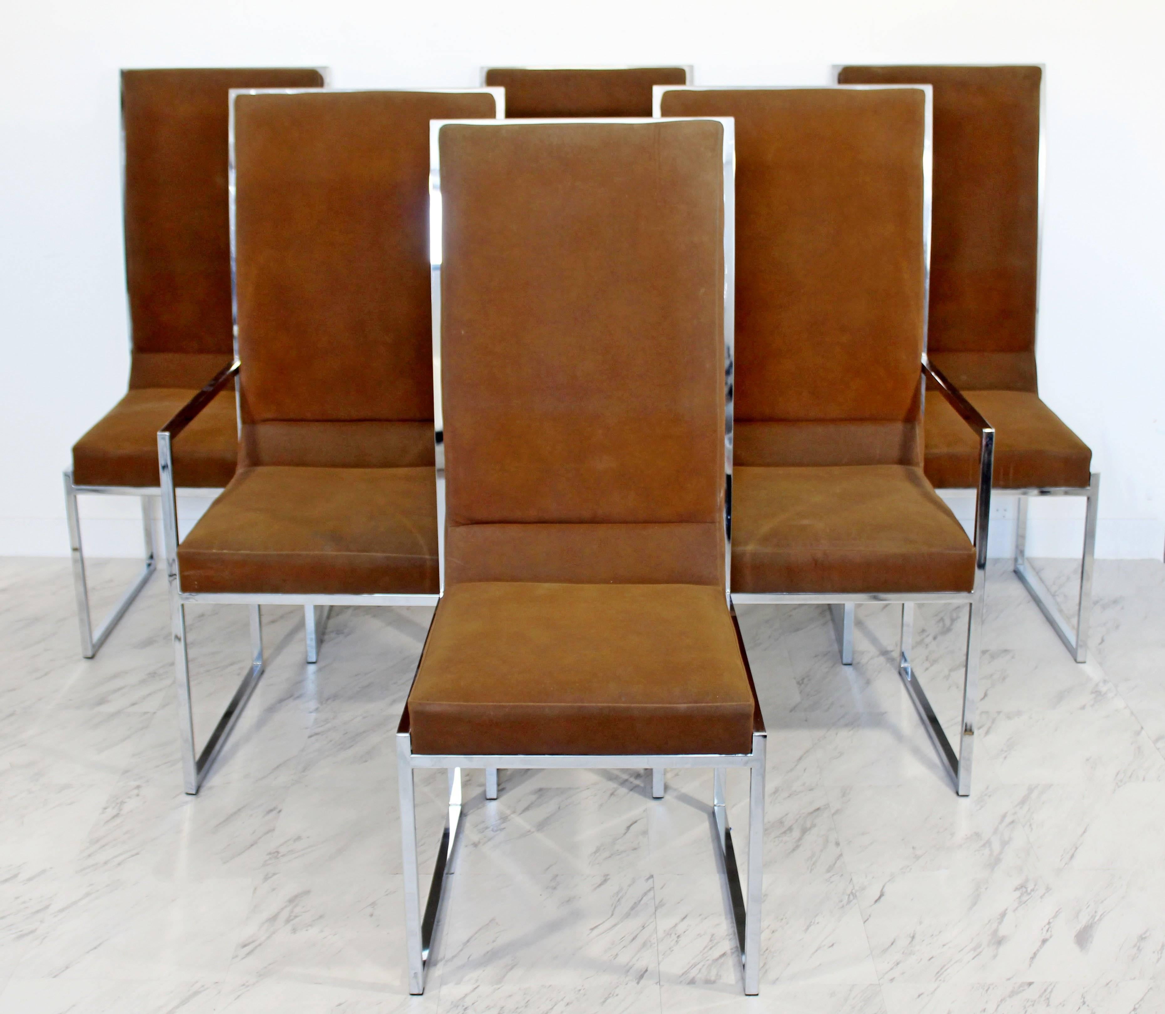 For your consideration is a magnificent set of six dining chairs, two arm and four side, by Milo Baughman for the Design Institute of America, circa the 1970s. Chrome bases are in excellent condition, but chairs can be used as is, but would benefit