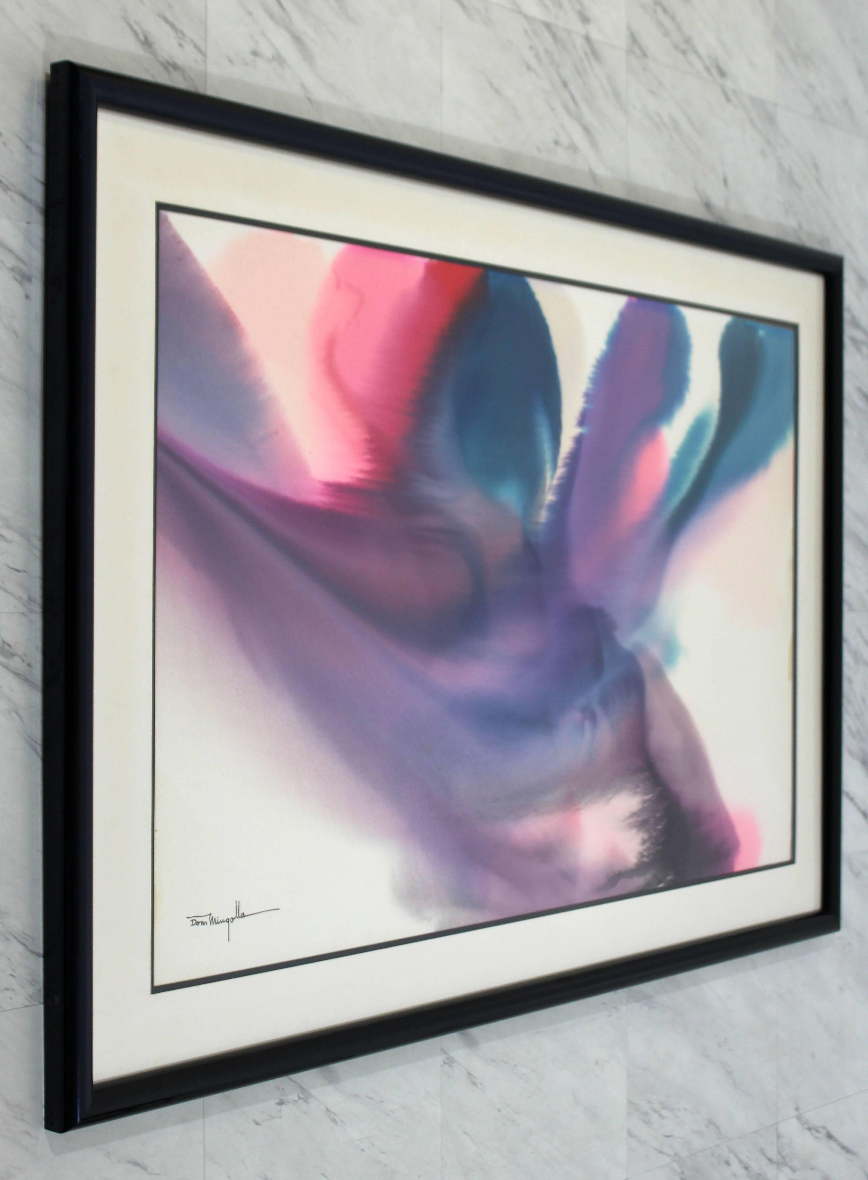 For your consideration is a stunning, framed, abstract, watercolor painting, signed by Dom Mingolla. In excellent condition. Measures: The dimensions of the frame are 46.5