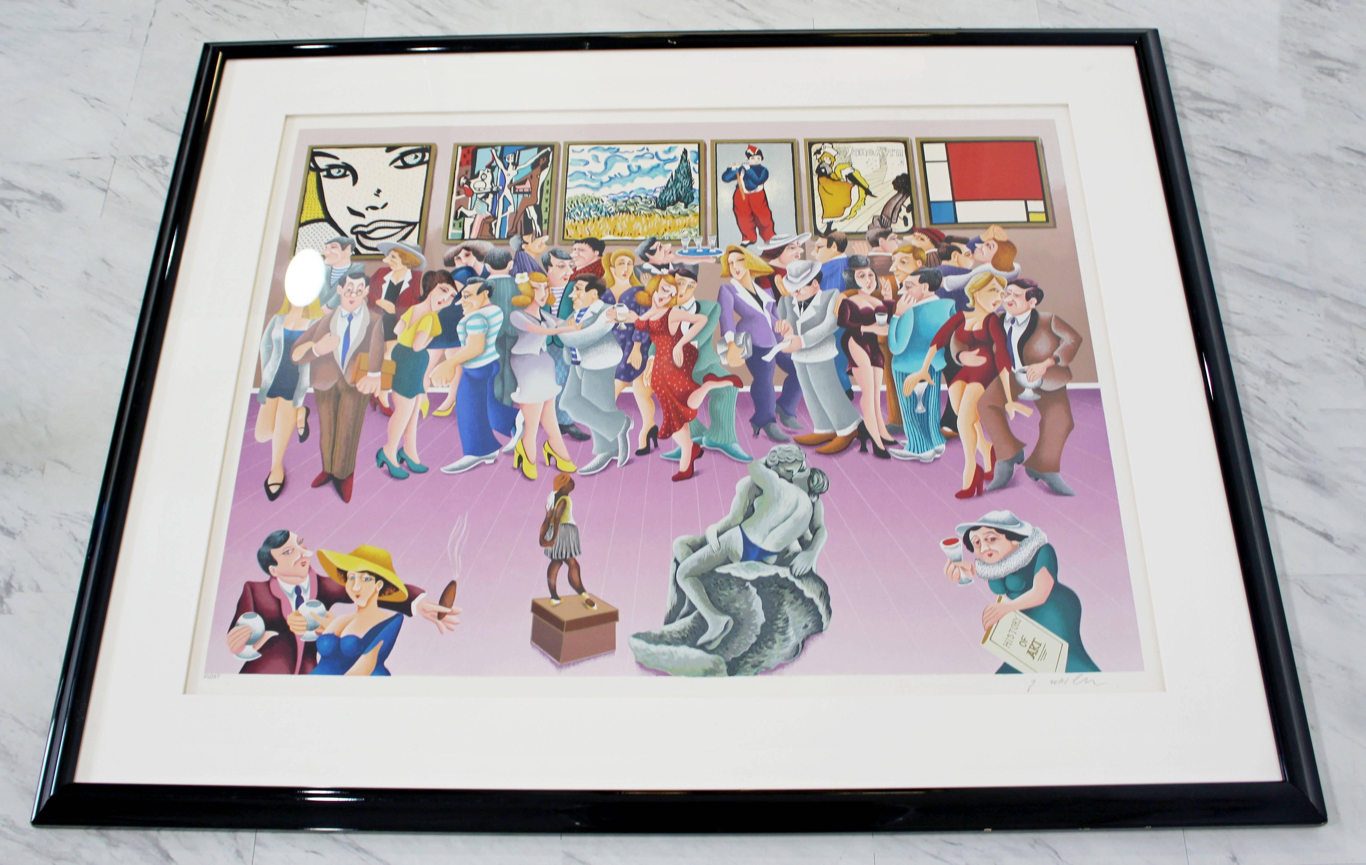 For your consideration is a fabulous, framed print of party goers at an art exhibit, signed and numbered 63/250. In excellent condition. The dimensions of the frame are 50.5