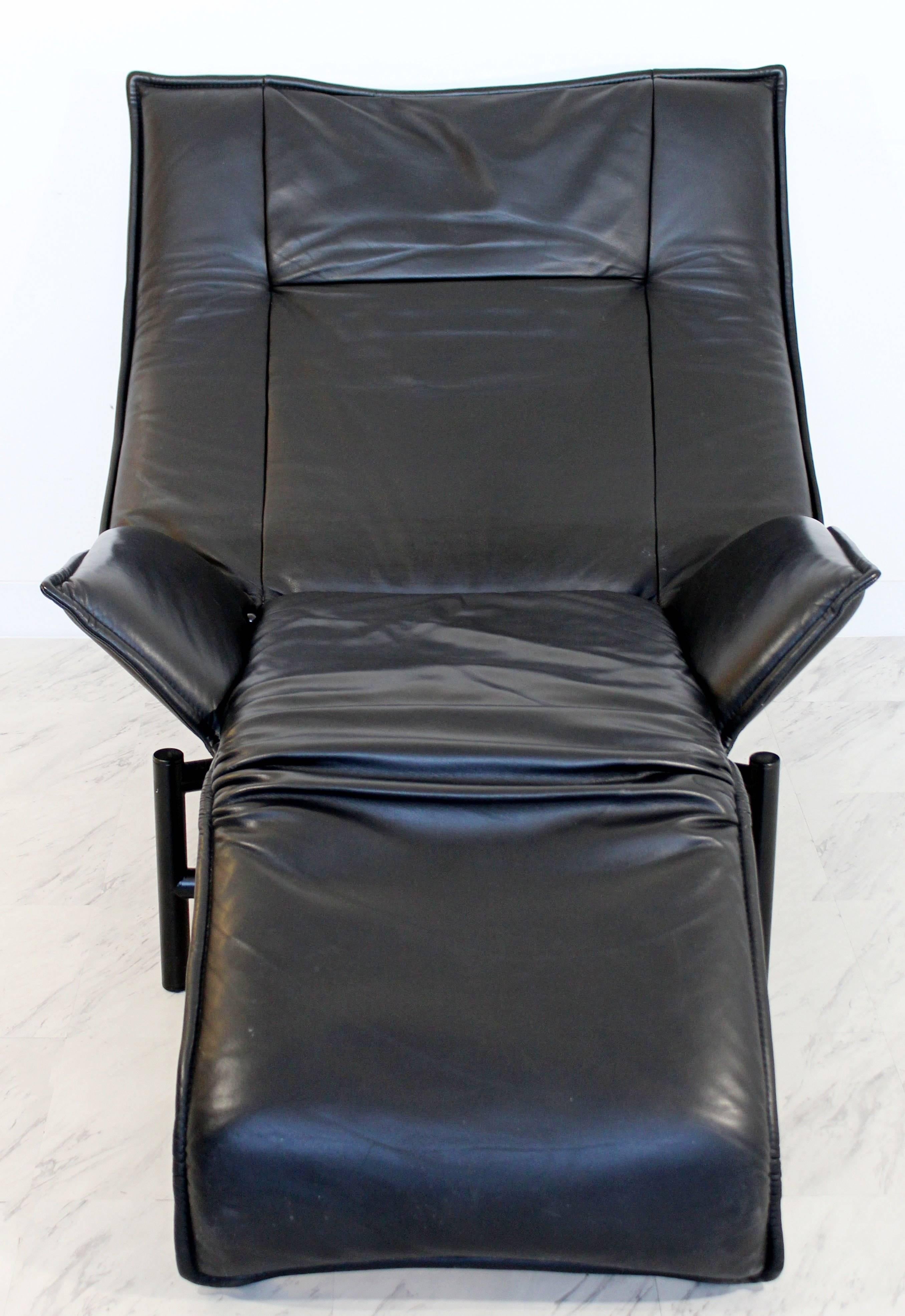 Mid-Century Modern Black Leather Recliner Lounge Chairs Magistretti for Cassina 1