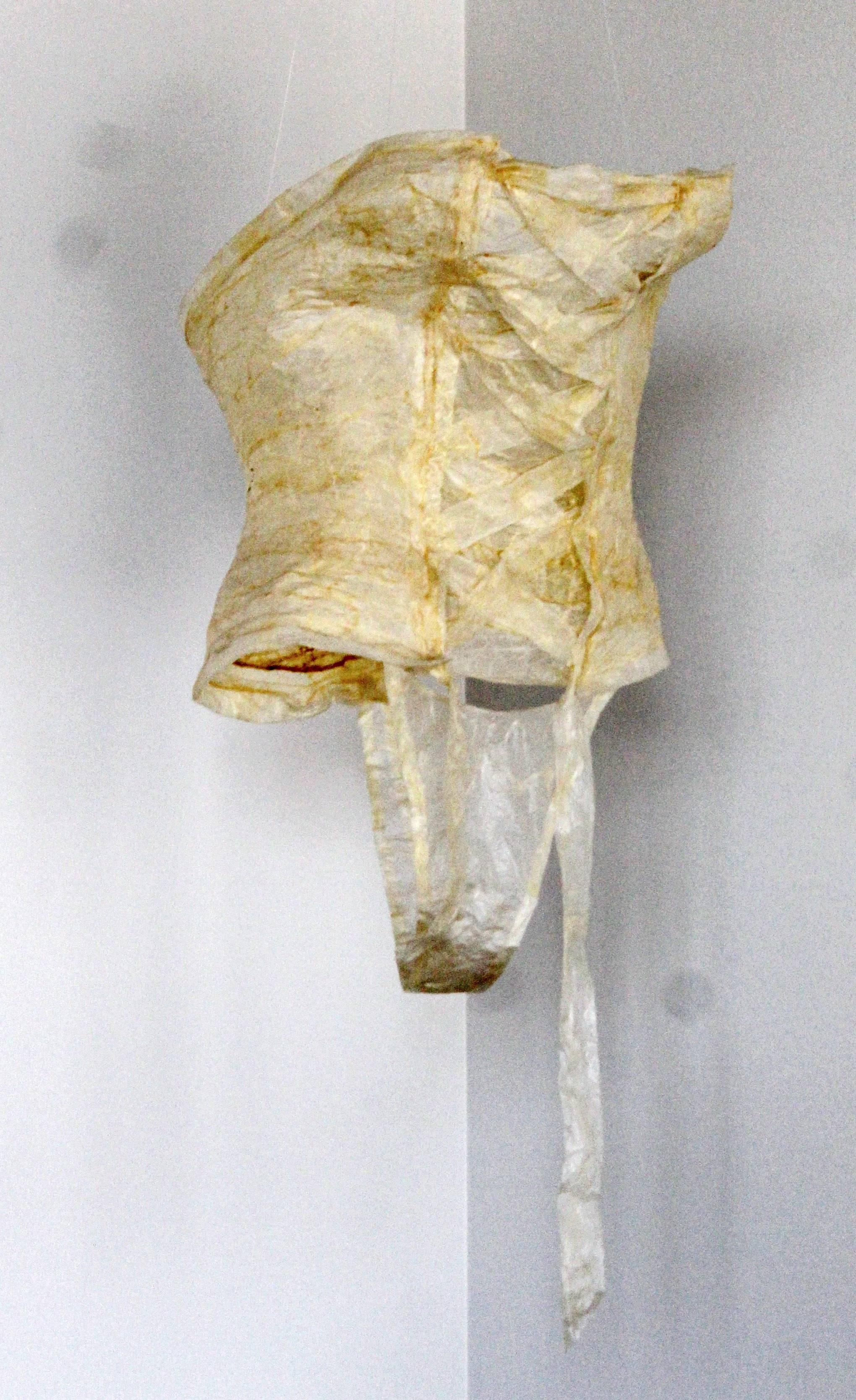 For your consideration is a unique, hanging sculpture of a bustier, made of hot dog casings, by Cristin Richard. In excellent condition. The dimensions are 14
