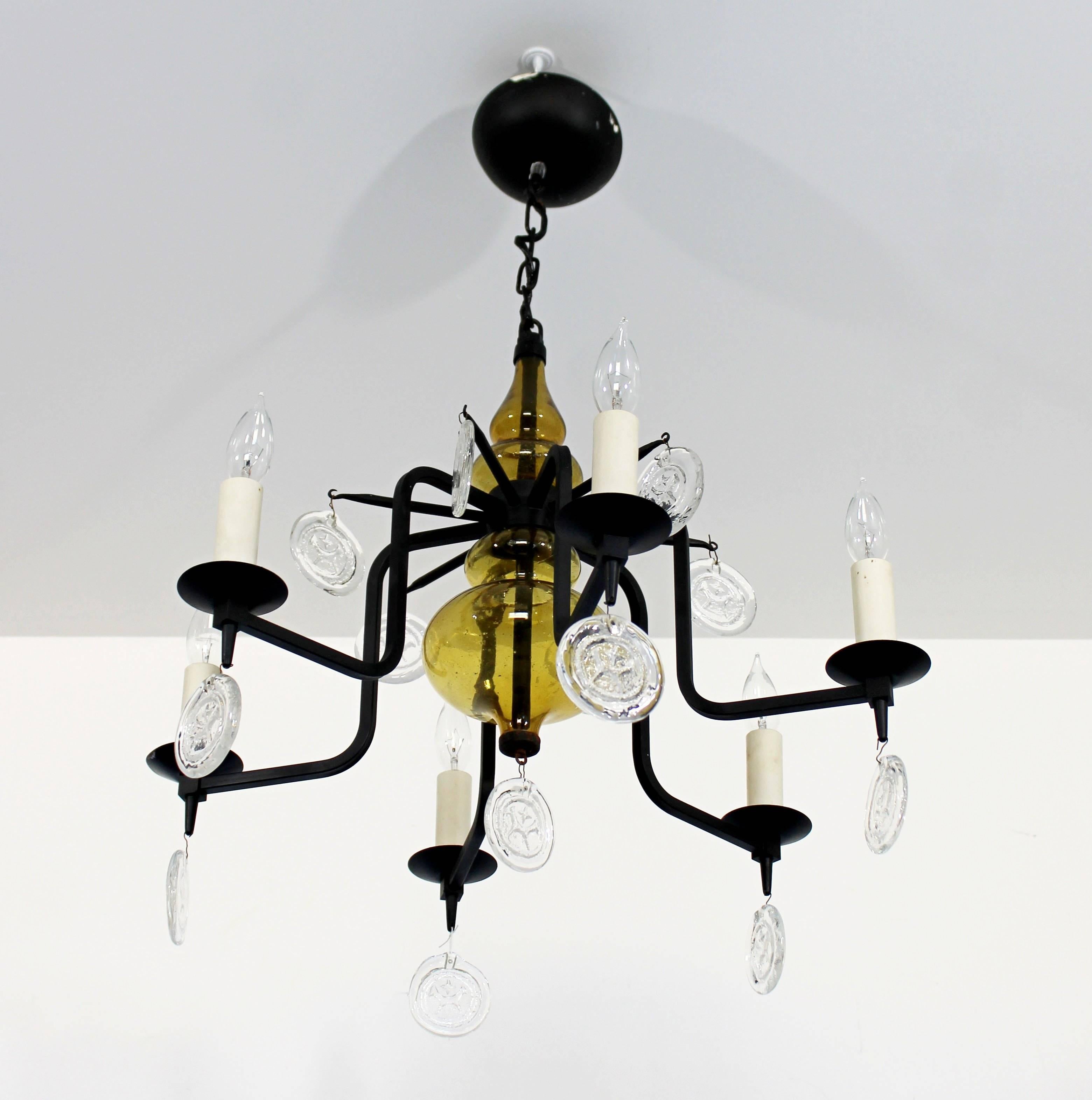 Mid-Century Modern Wrought Iron Glass Chandelier Svend Aage Holm Sorenson, 1950s In Good Condition In Keego Harbor, MI