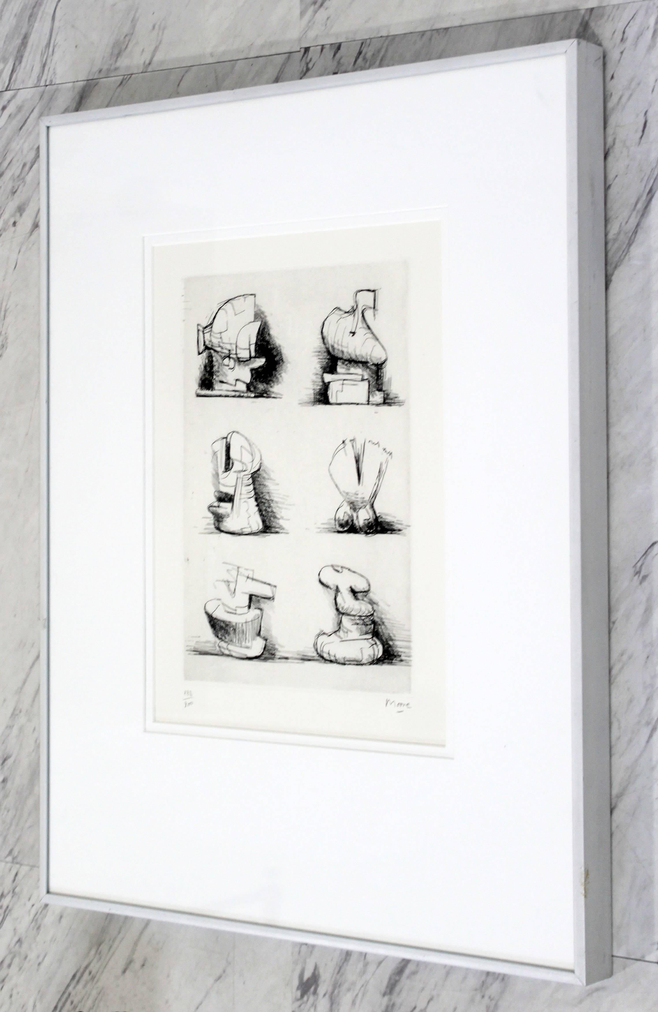 For your consideration is a stunning, framed print Six Sculptures Motive by Henry Moore, signed and numbered 182/200. In excellent condition. The dimensions of the frame are 18