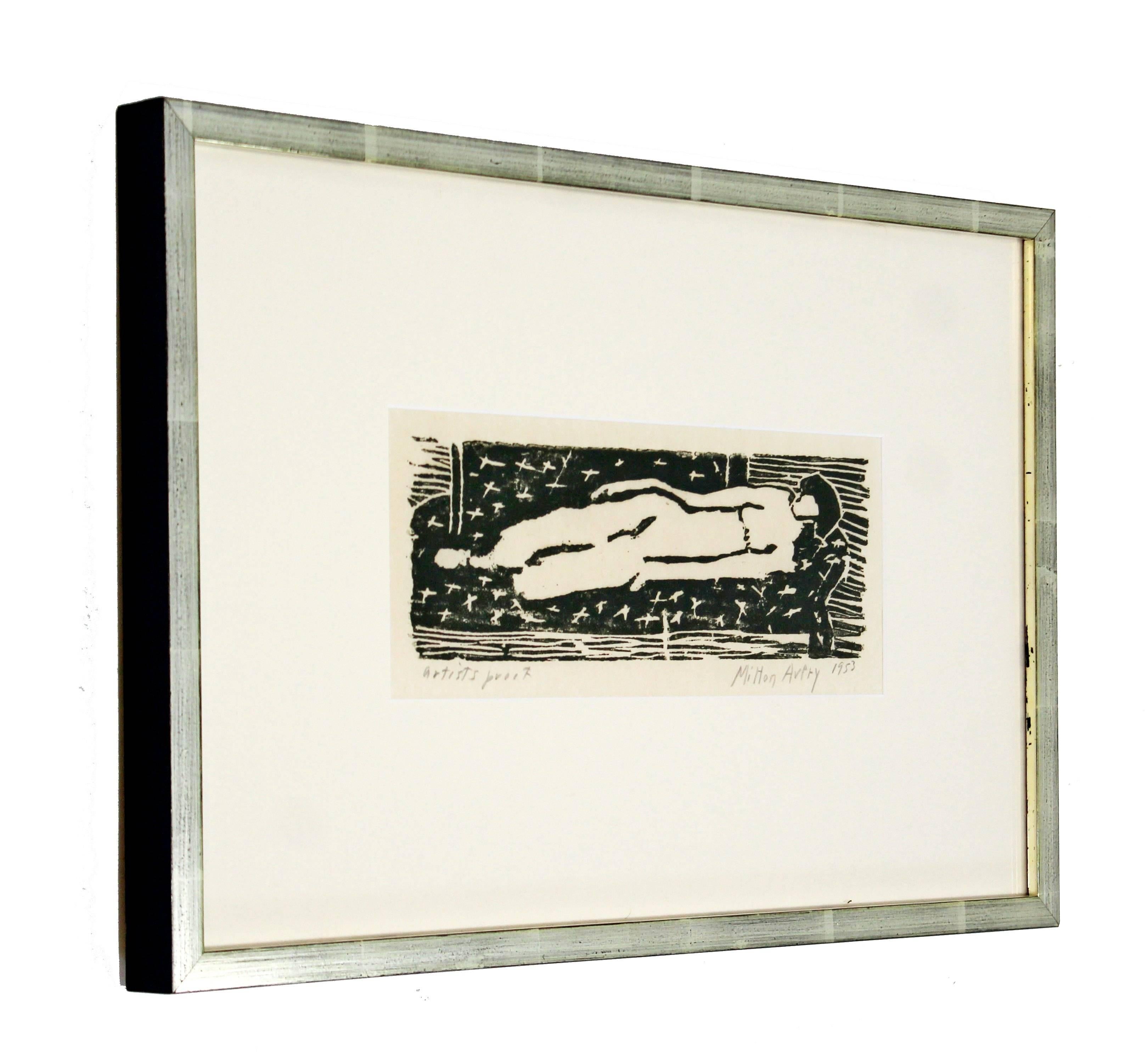 American Mid-Century Modern Framed Nude Woodcut Artist Proof Signed Milton Avery, 1950s