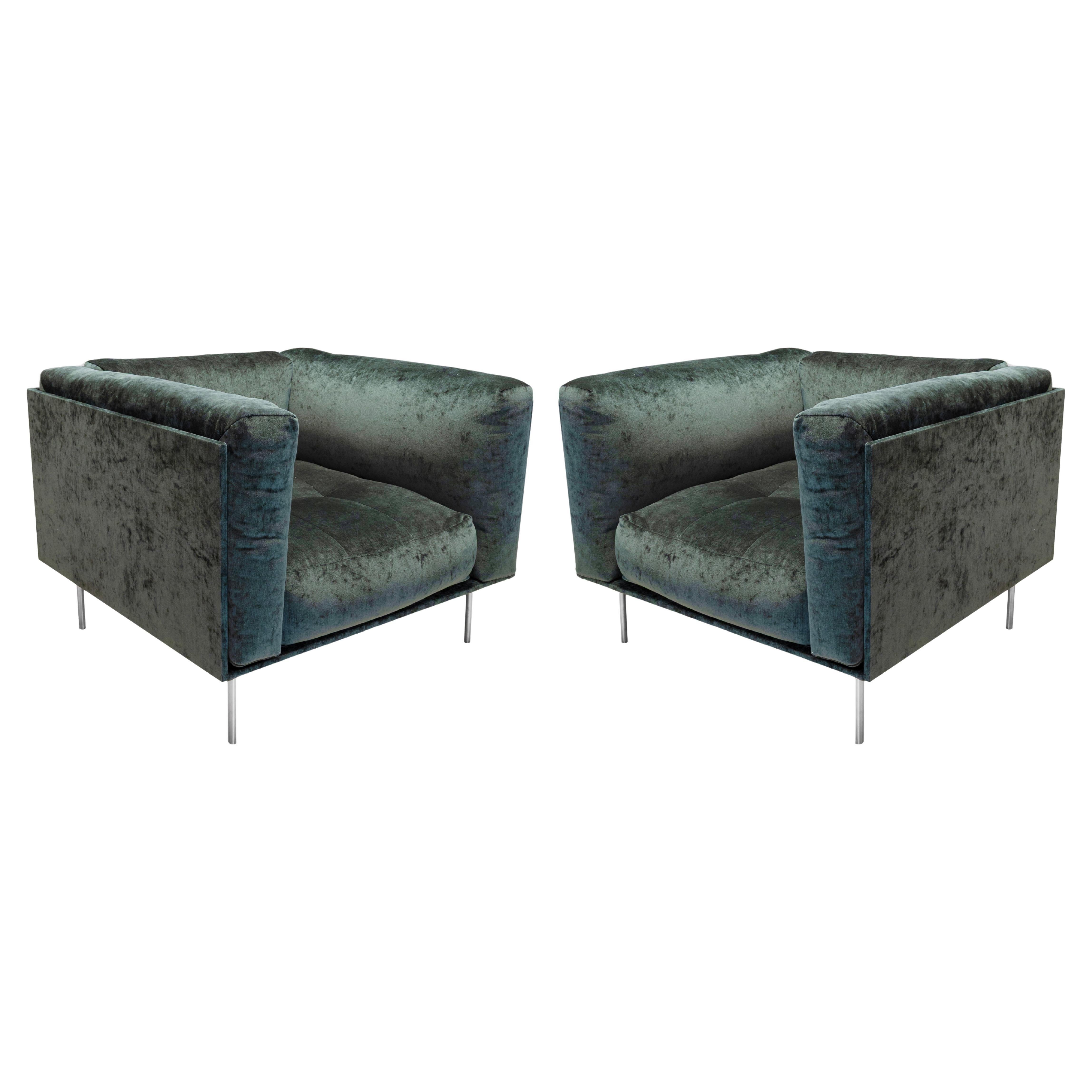 Paar Piero Lissoni für Living Divani Blaues Wildleder und Stahl "Rod" Lounge Stühle