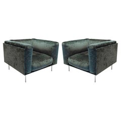 Pareja de sillones "Rod" de ante azul y acero Piero Lissoni para Living Divani
