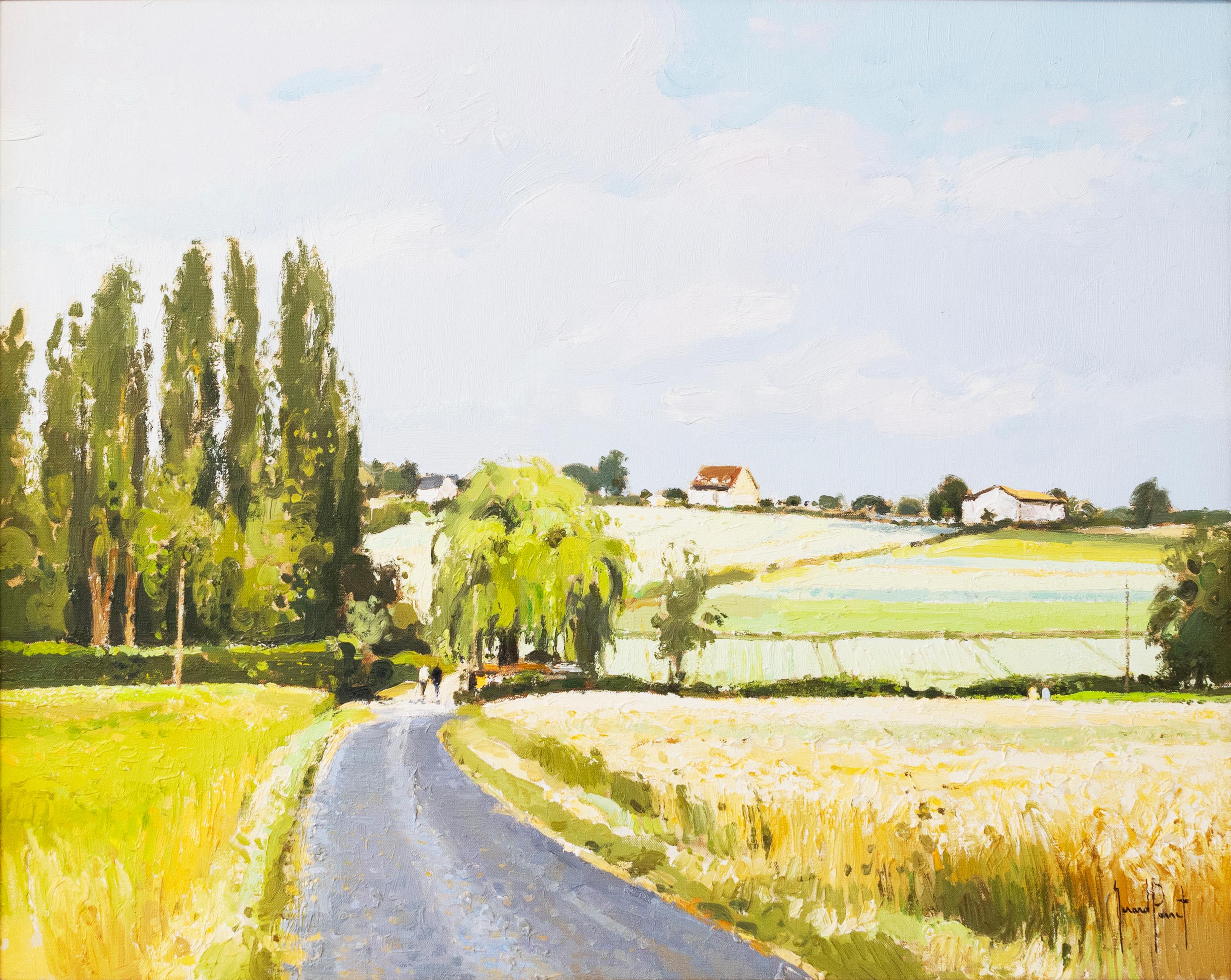 A modern Impressionist oil painting on canvas titled “Route dans le Champs” by Gérard Passet. Signed lower right. Title and signed on verso. Circa 1970s. The composition captures a quiet country road winding through golden wheat fields beneath a