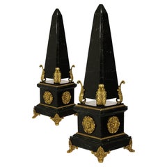 Pair Of Vintage Neoclassical Black Marble Maitland Smith Obelisks
